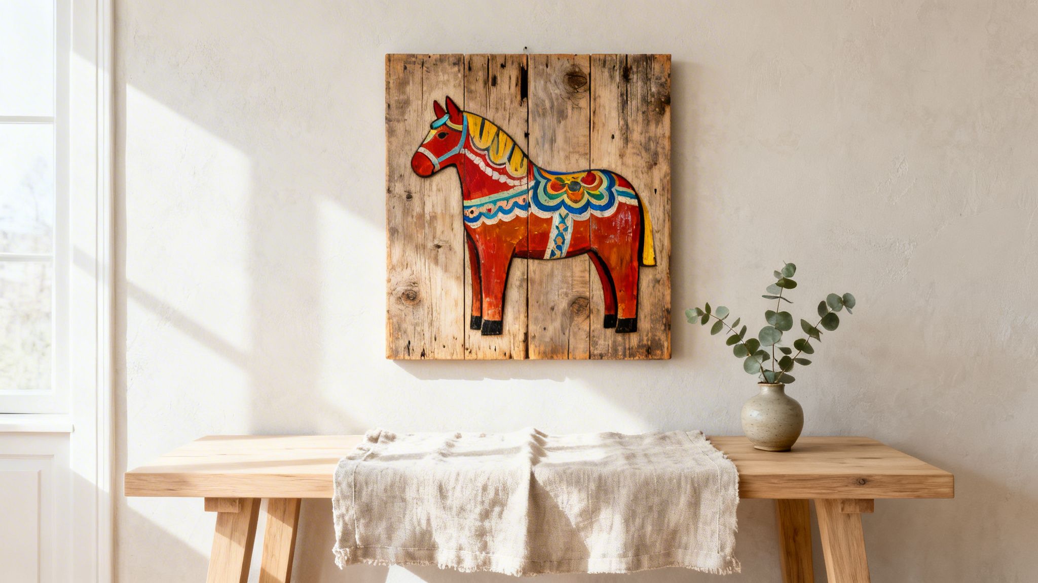 A vibrant, folk art-style painted wooden horse hangs above a rustic console table with eucalyptus.