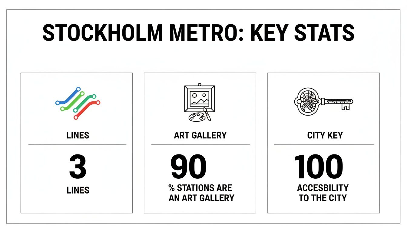 Infographic showing Stockholm Metro key statistics: 3 lines, 90% art gallery stations, 100% city accessibility.