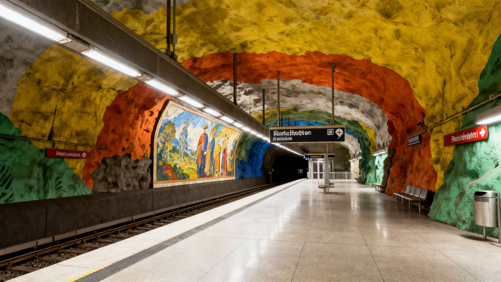 A vibrant, colorful underground metro station in Stockholm with painted rock walls and a long platform.
