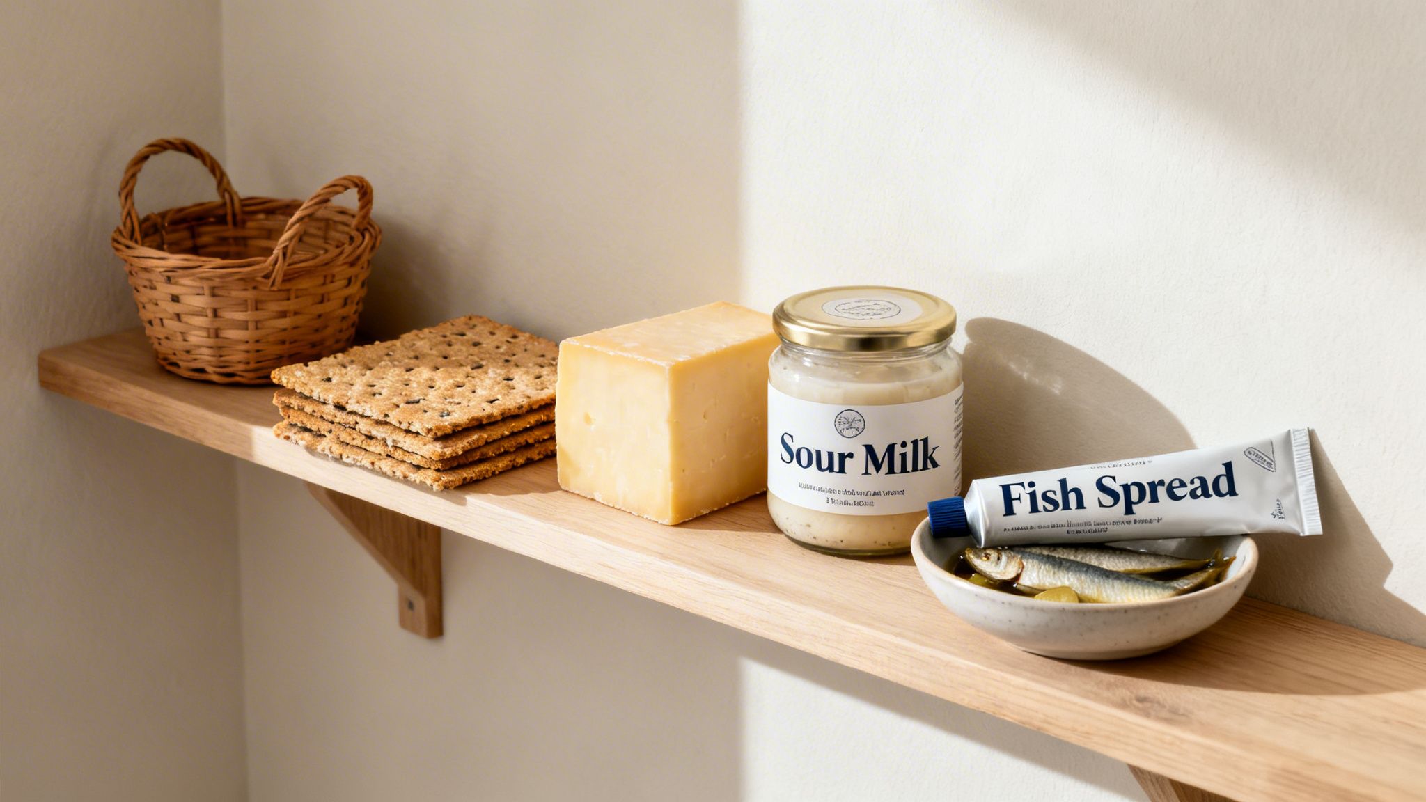 Assortment of Scandinavian grocery items including crackers, cheese, sour milk, and fish spread on a shelf.