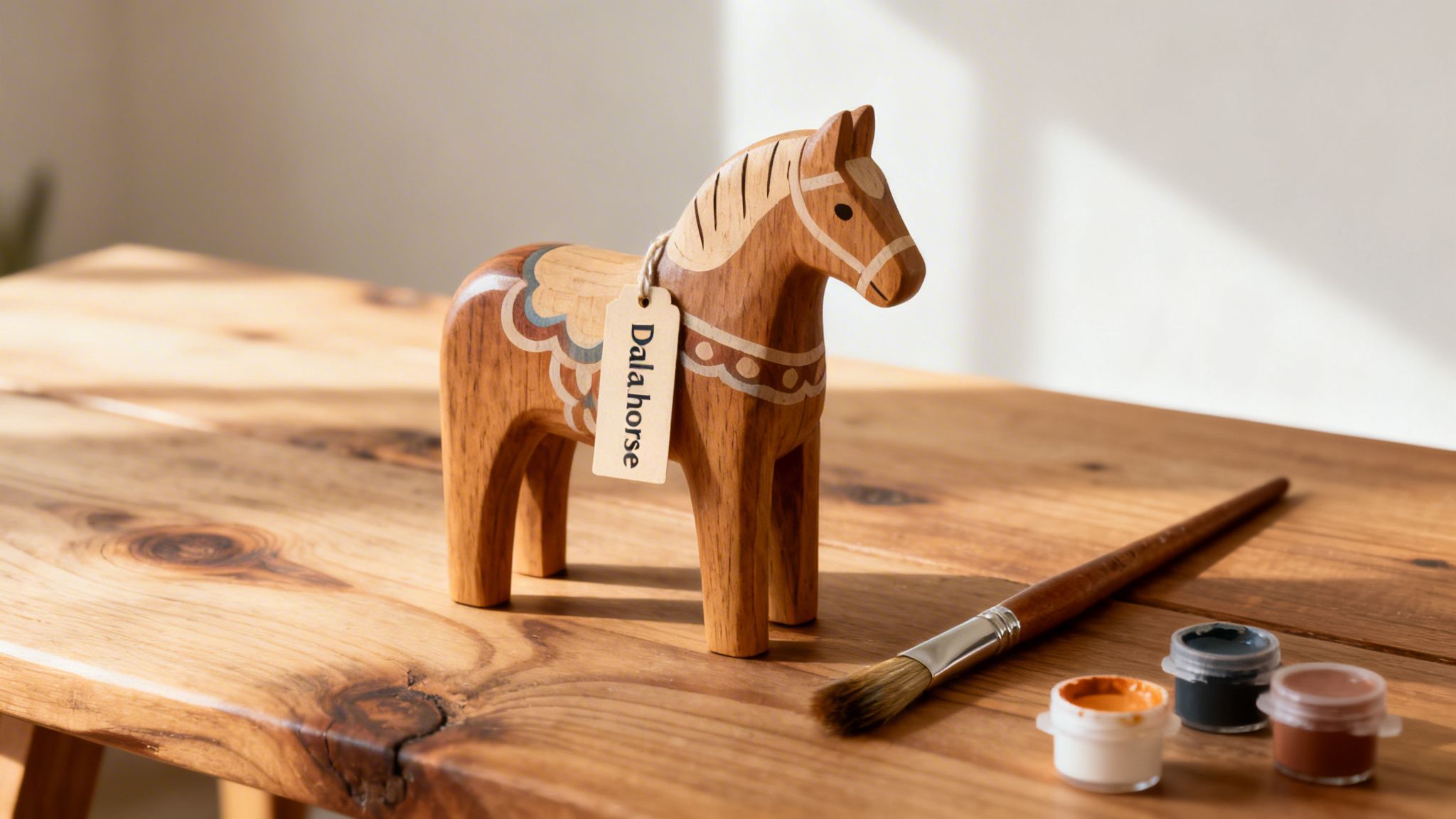 A wooden Dala horse figurine with a tag on a wooden table, next to paints and a brush.