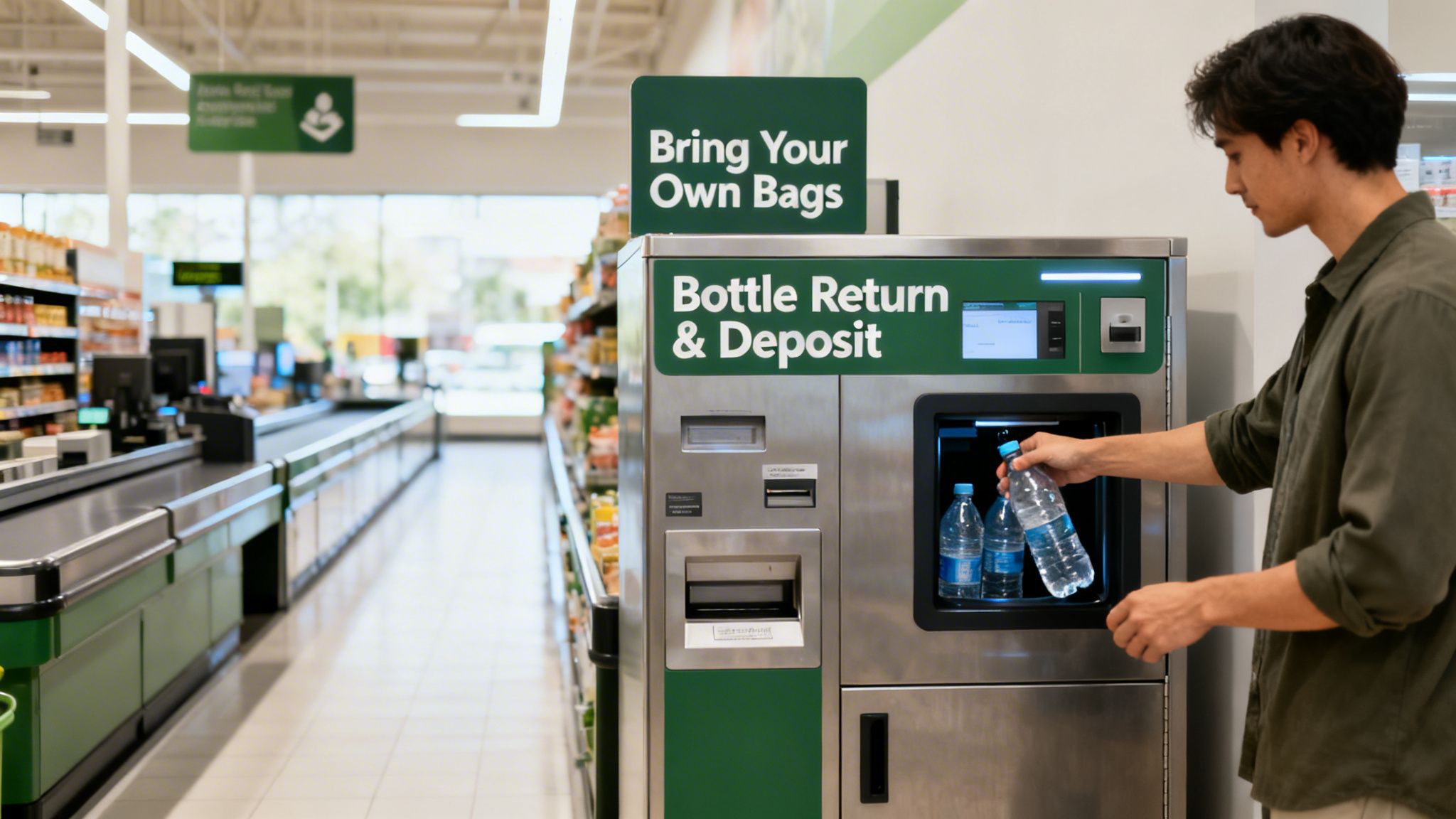 A young man returns plastic bottles at a bottle return machine in a modern grocery store.