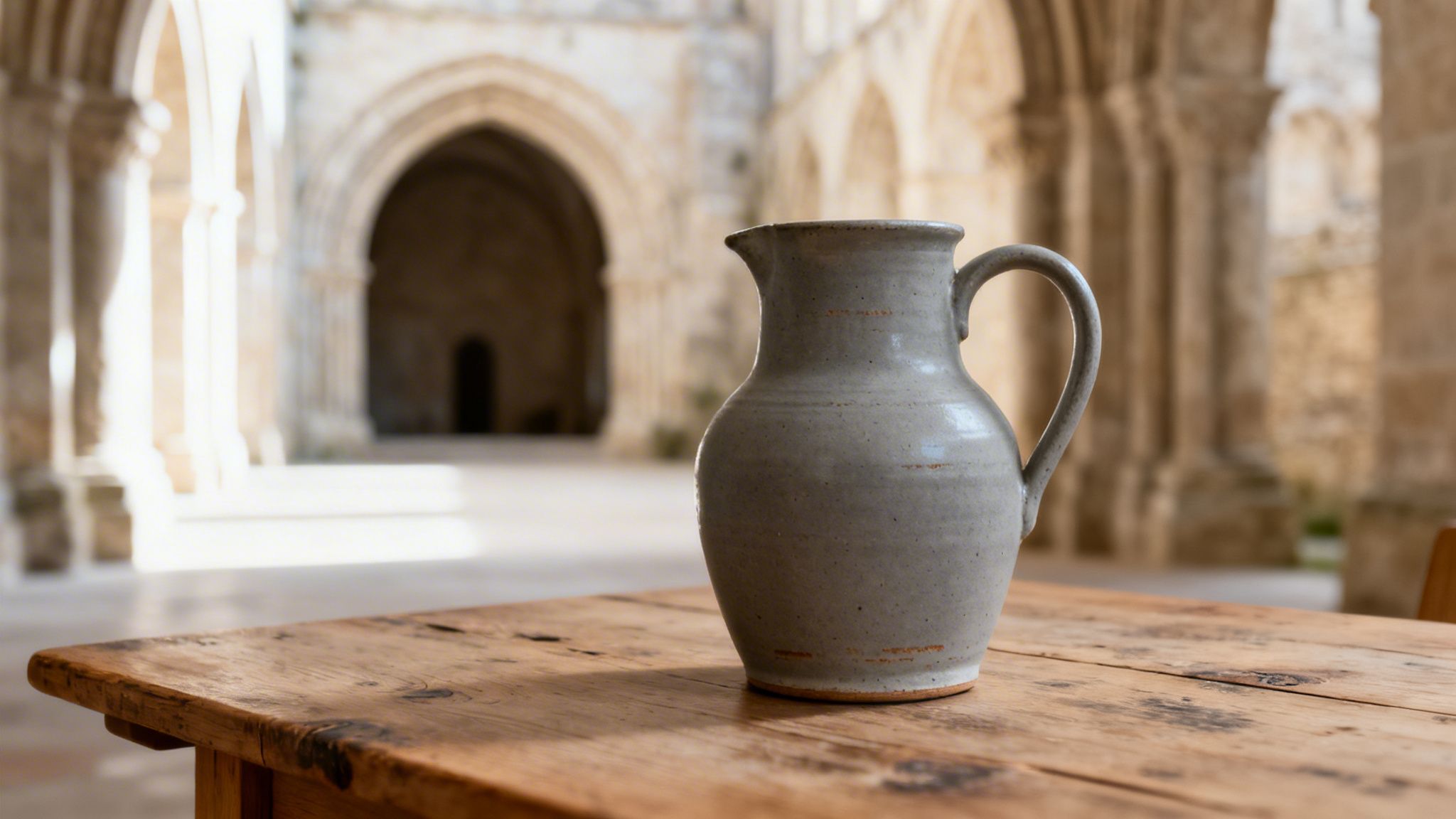 A rustic grey ceramic pitcher sits on a wooden table, with a blurred monastery cloister in the background.