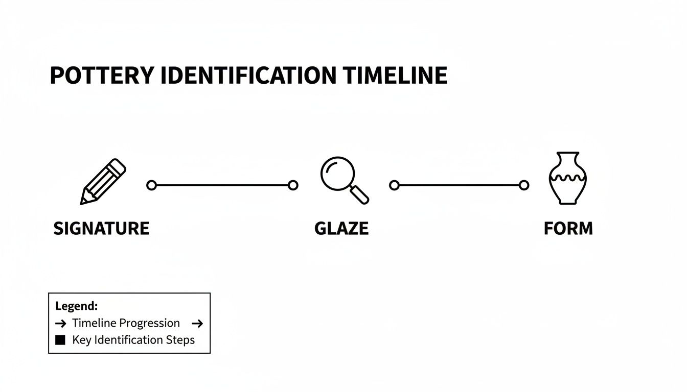 Timeline showing key steps for pottery identification: signature, glaze, and form, with corresponding icons.
