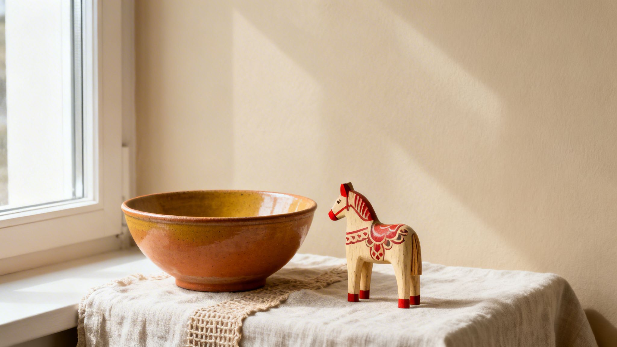 A rustic ceramic bowl and a decorative wooden Dala horse on a linen cloth by a window.