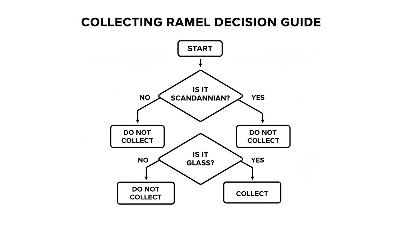 A flowchart titled 'Collecting Ramel Decision Guide' with questions about Scandanavian origin and material type.