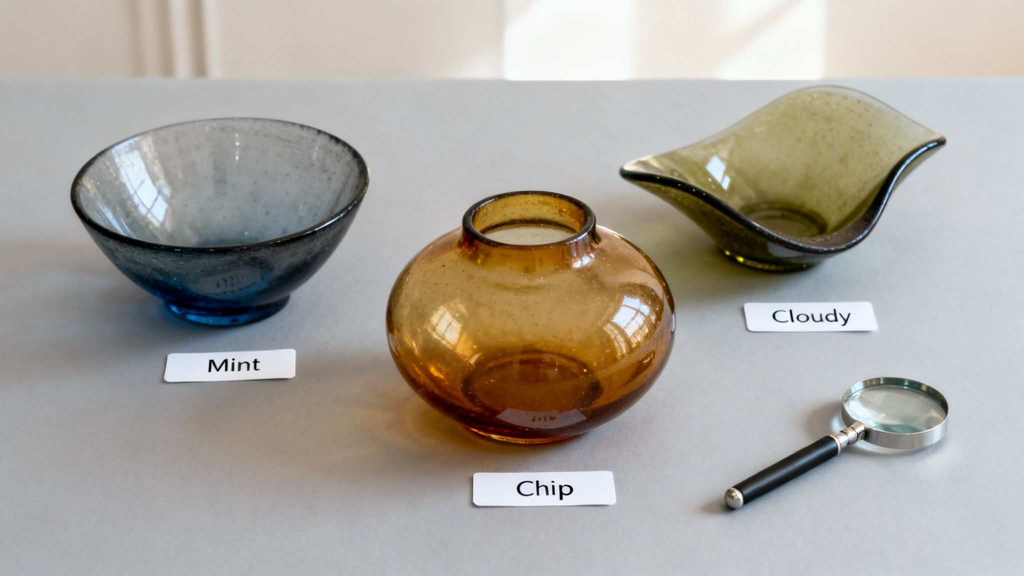 Three glass art pieces: a blue bowl, brown vase, and green wavy dish, labeled on a table.