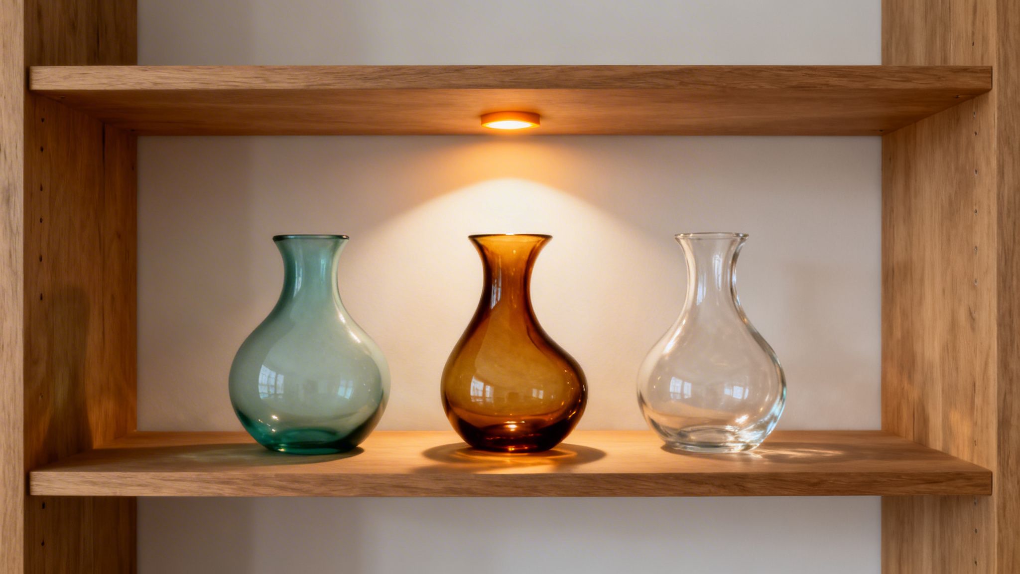 Three elegant glass vases in teal, amber, and clear on a wooden shelf with a warm spotlight.
