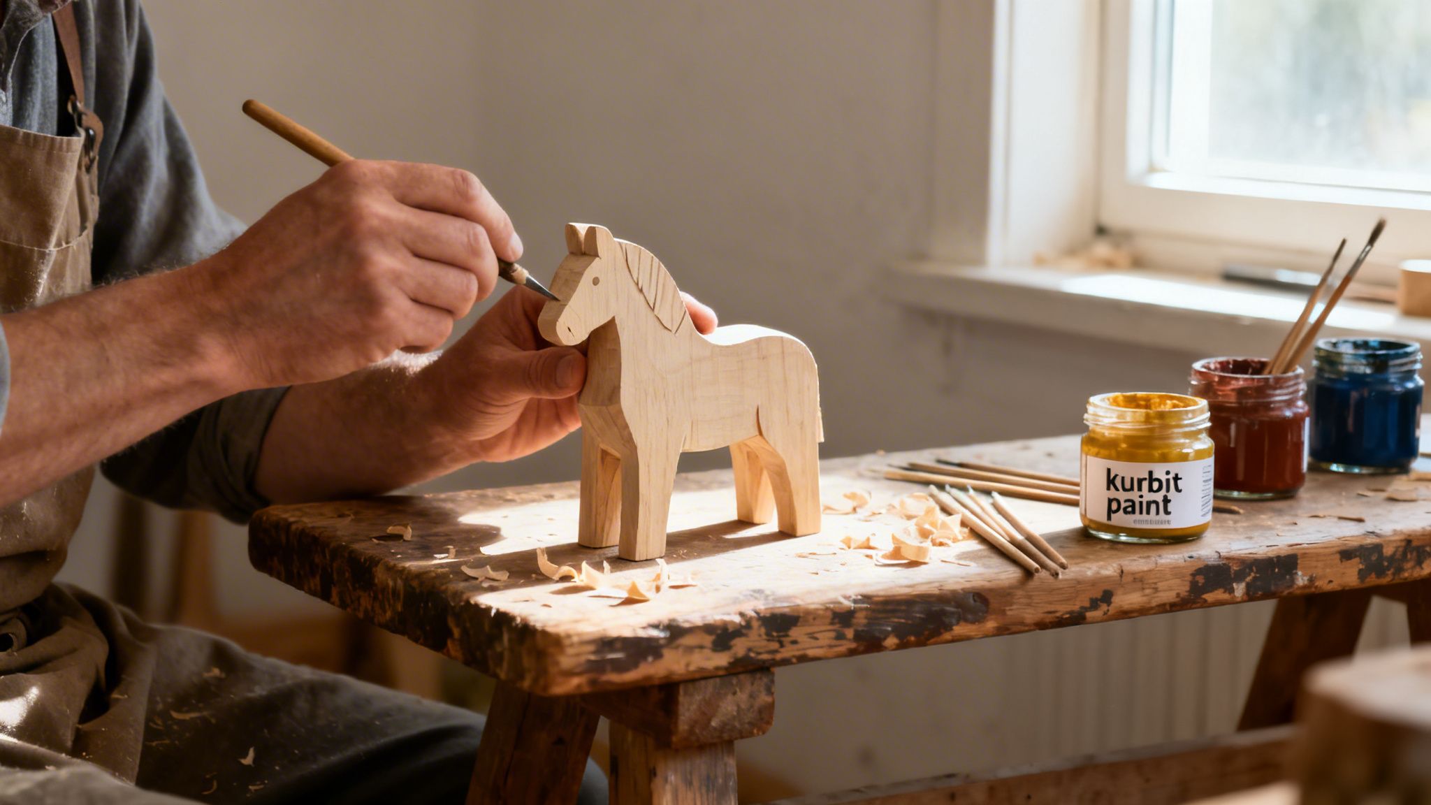 A craftsman carves a wooden Dala horse on a rustic table with paint jars and brushes.