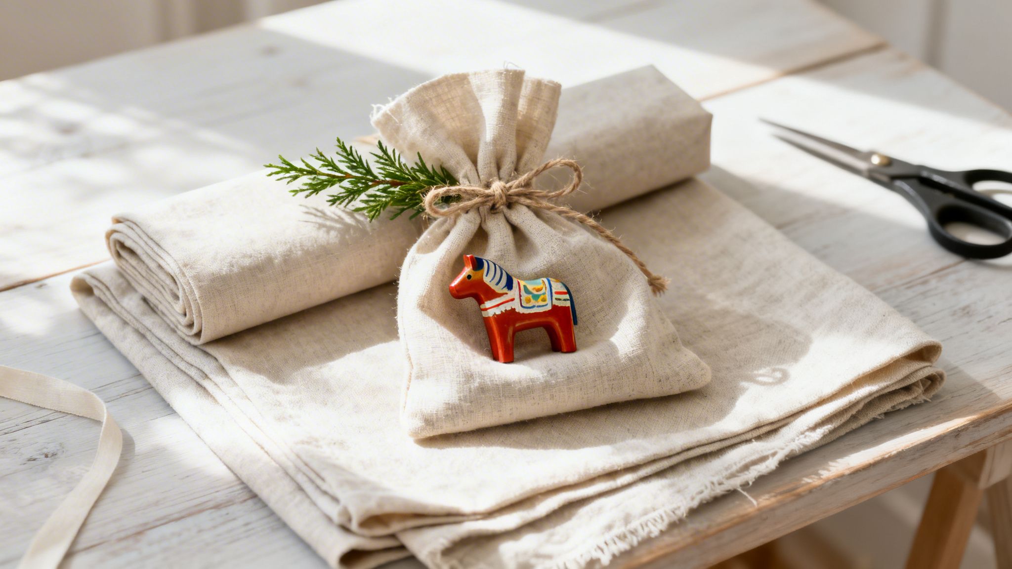 A small linen gift bag with a Dala horse, evergreen sprig, and fabric on a wooden table.