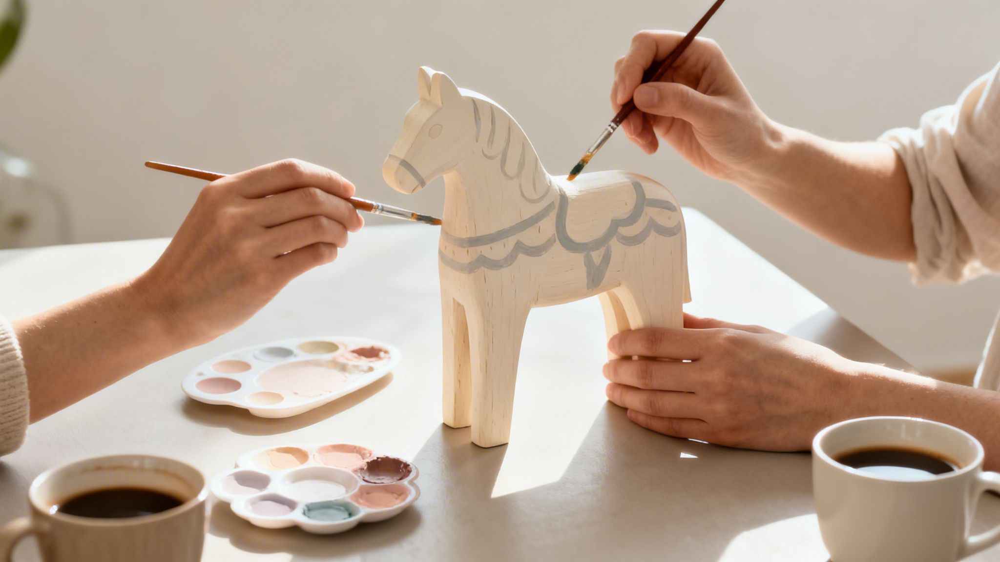 Two people's hands meticulously painting a wooden Dala horse with brushes and paint palettes.