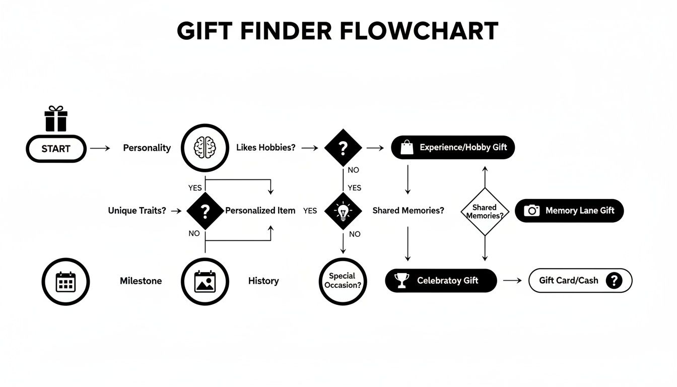 Flowchart illustrating a gift finder process based on personality, hobbies, memories, and occasions.
