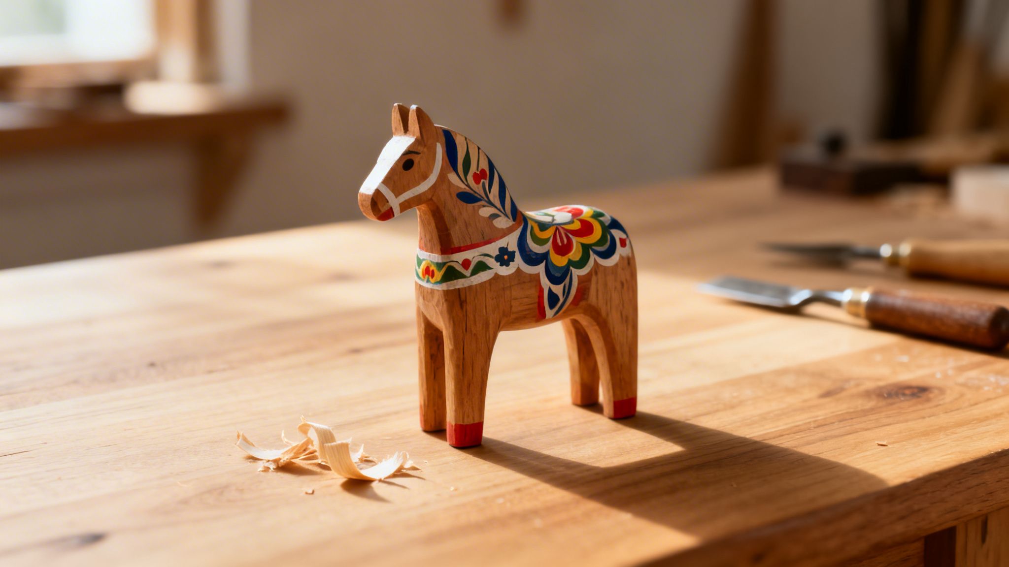 A beautifully painted Dala horse on a wooden workbench, with wood shavings and blurred tools.