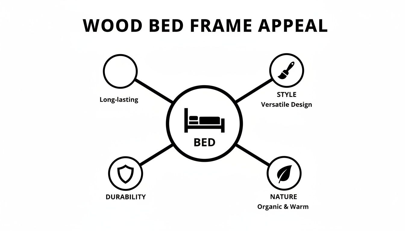 Infographic detailing the appeals of a wood bed frame: long-lasting, style, durability, and nature.
