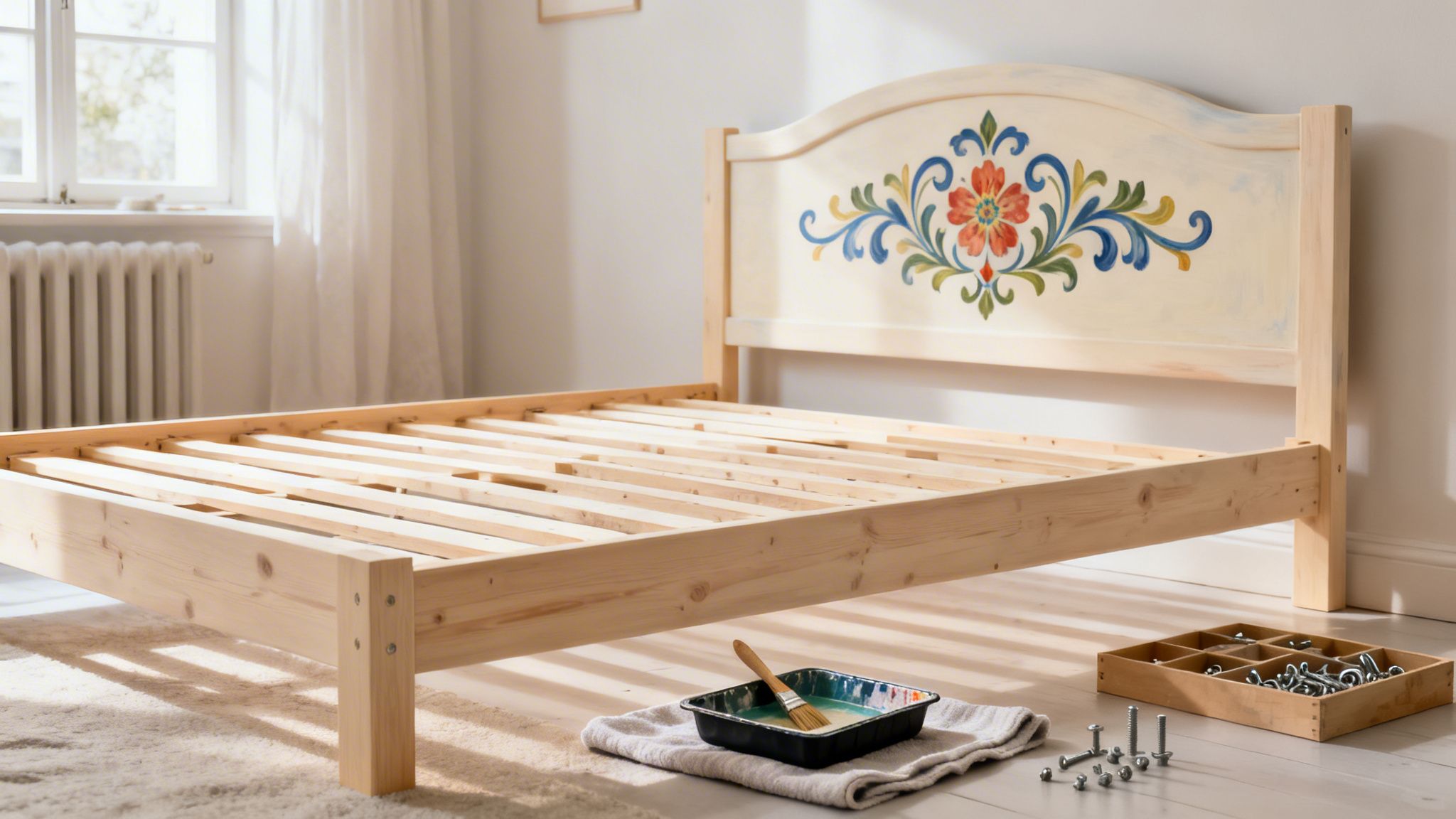 A light wood bed frame with a hand-painted floral headboard, alongside painting supplies and bolts.
