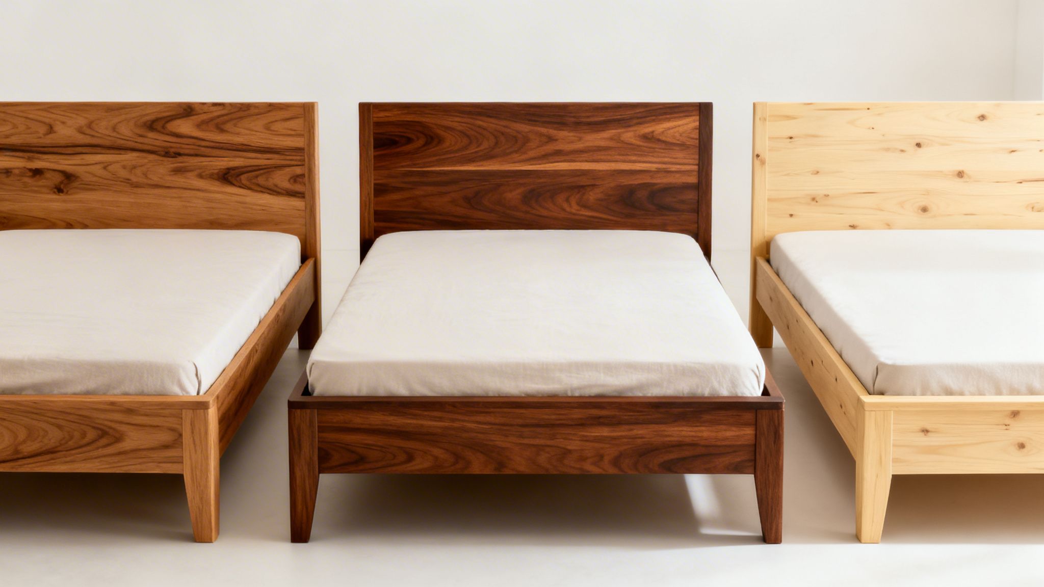 Three different wooden bed frames with headboards and white mattresses, showcasing various wood types.