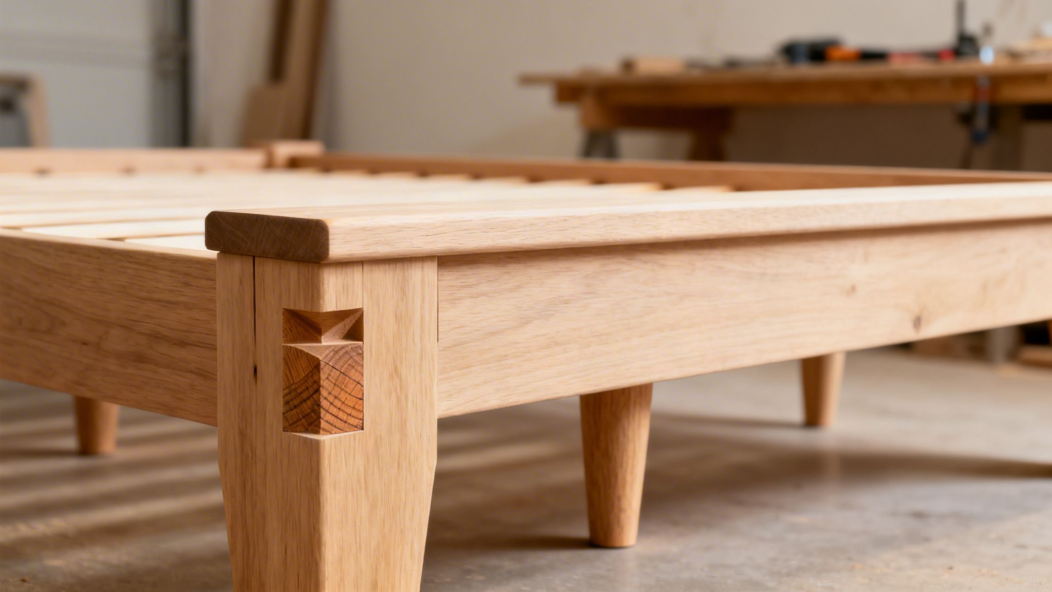 A detailed view of a light-colored wooden bed frame corner with intricate joinery and tapered legs.