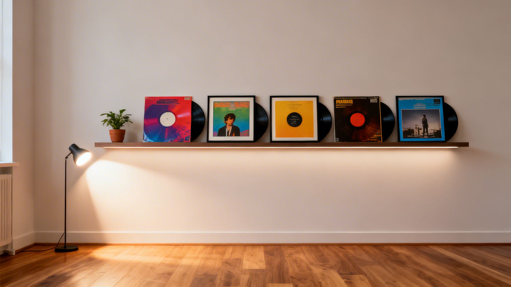 Stylish room with a wooden shelf showcasing five vinyl records, a small plant, and a modern floor lamp.