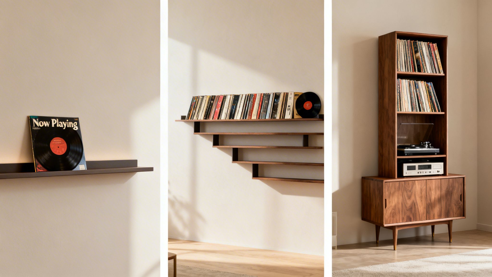 Elegant wooden displays showcasing vinyl records, a turntable, and audio equipment in a stylish room.