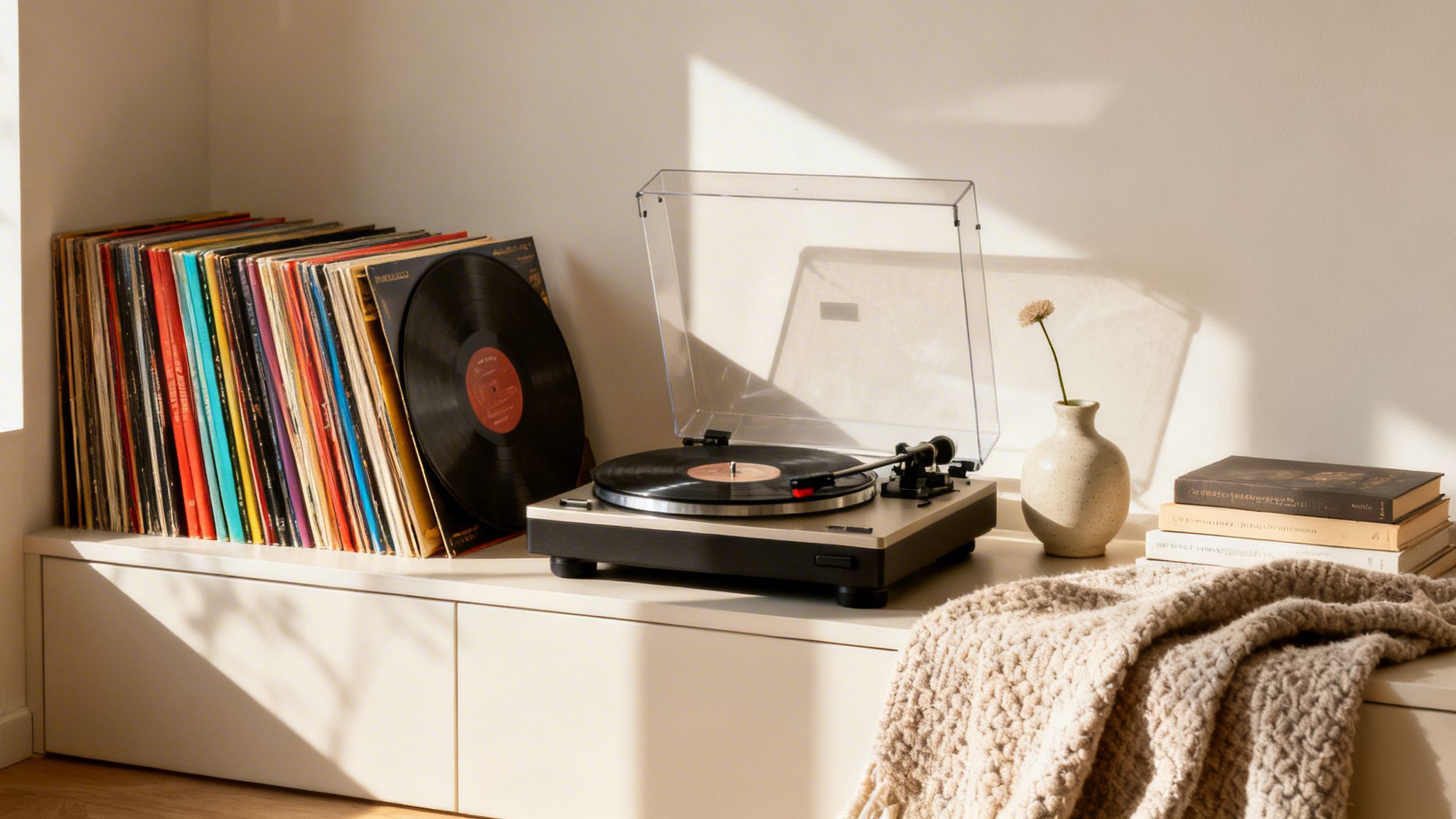 A cozy corner featuring a turntable, a collection of vinyl records, books, and a flower in a vase.