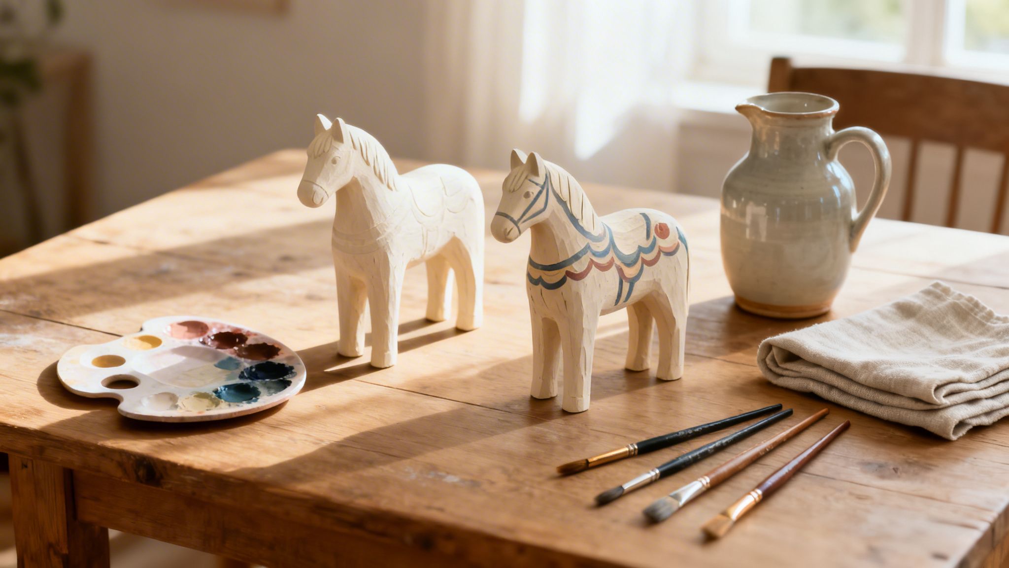 Craft scene with two wooden horses, a paint palette, and brushes on a sunlit table.