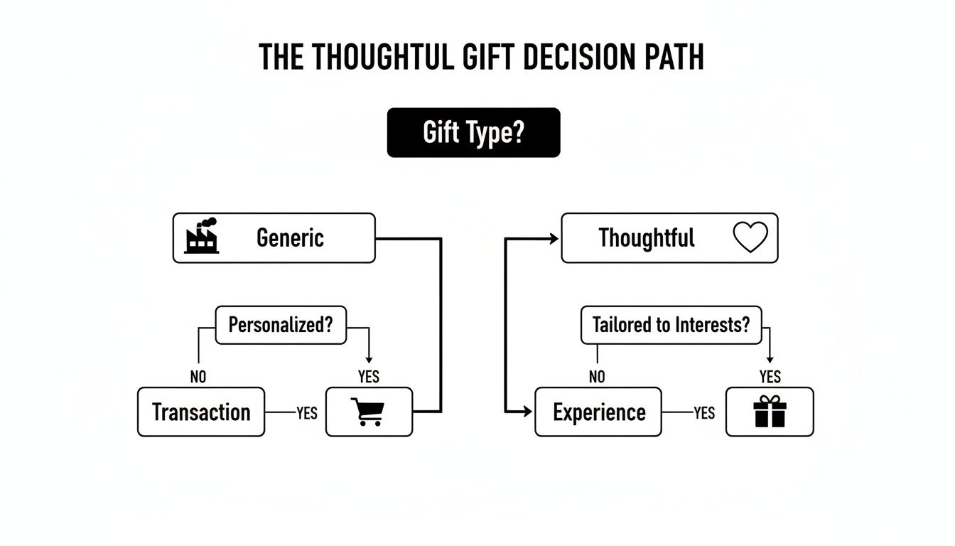 Flowchart illustrating the thoughtful gift decision path, comparing generic, personalized, experience, and tailored gift types.
