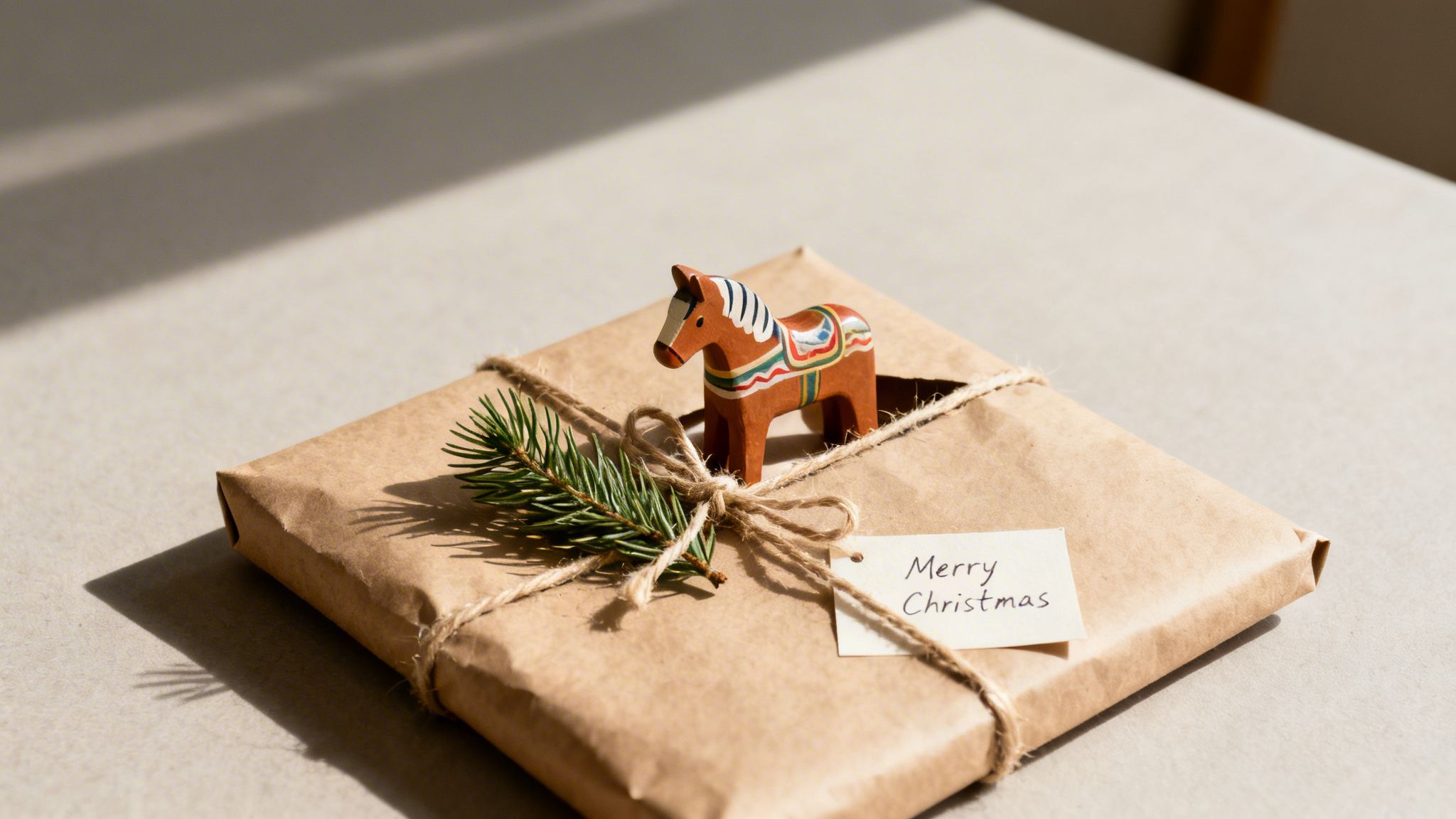 Rustic Christmas gift in brown paper, twine, pine branch, a Dala horse, and 'Merry Christmas' tag.