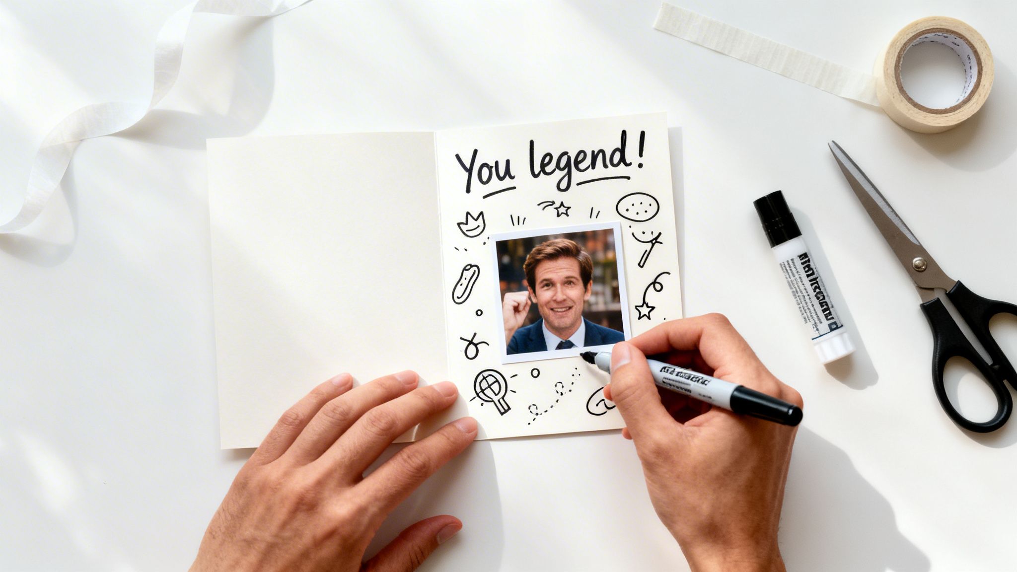 Hands drawing doodles around a photo of a smiling man on a homemade birthday card.