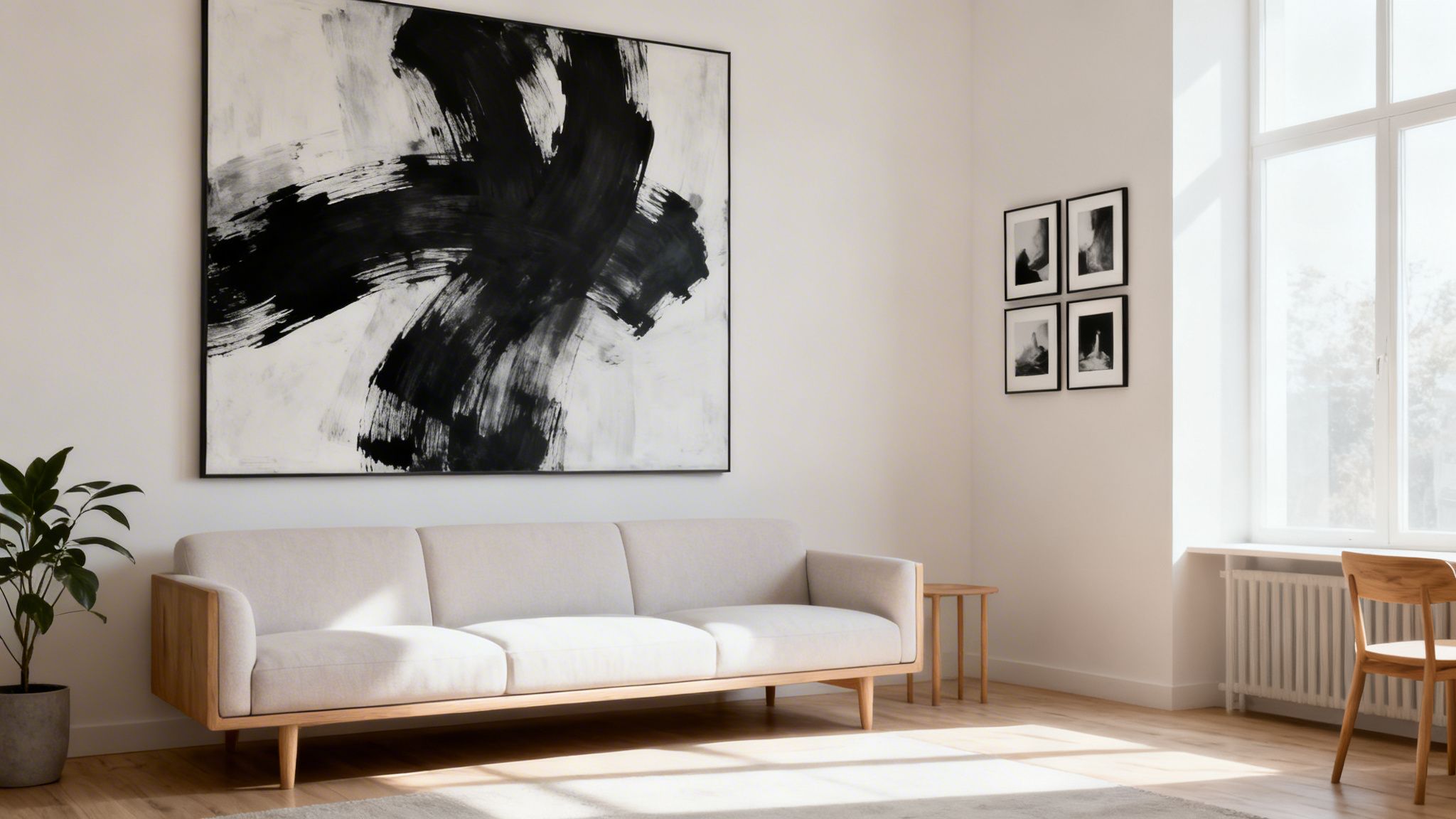 A bright minimalist living room featuring a large black and white abstract painting above a light sofa.