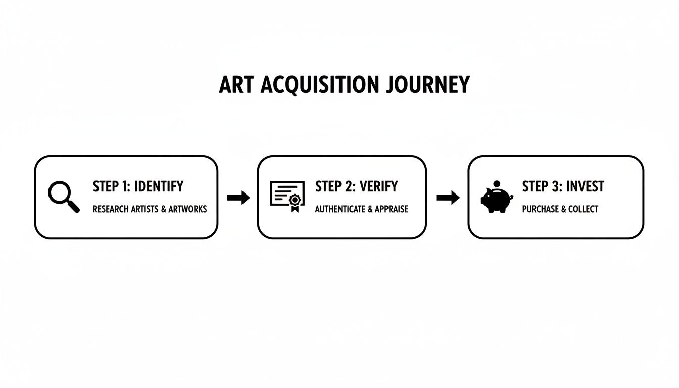 A black and white diagram showing the three steps of the art acquisition journey.
