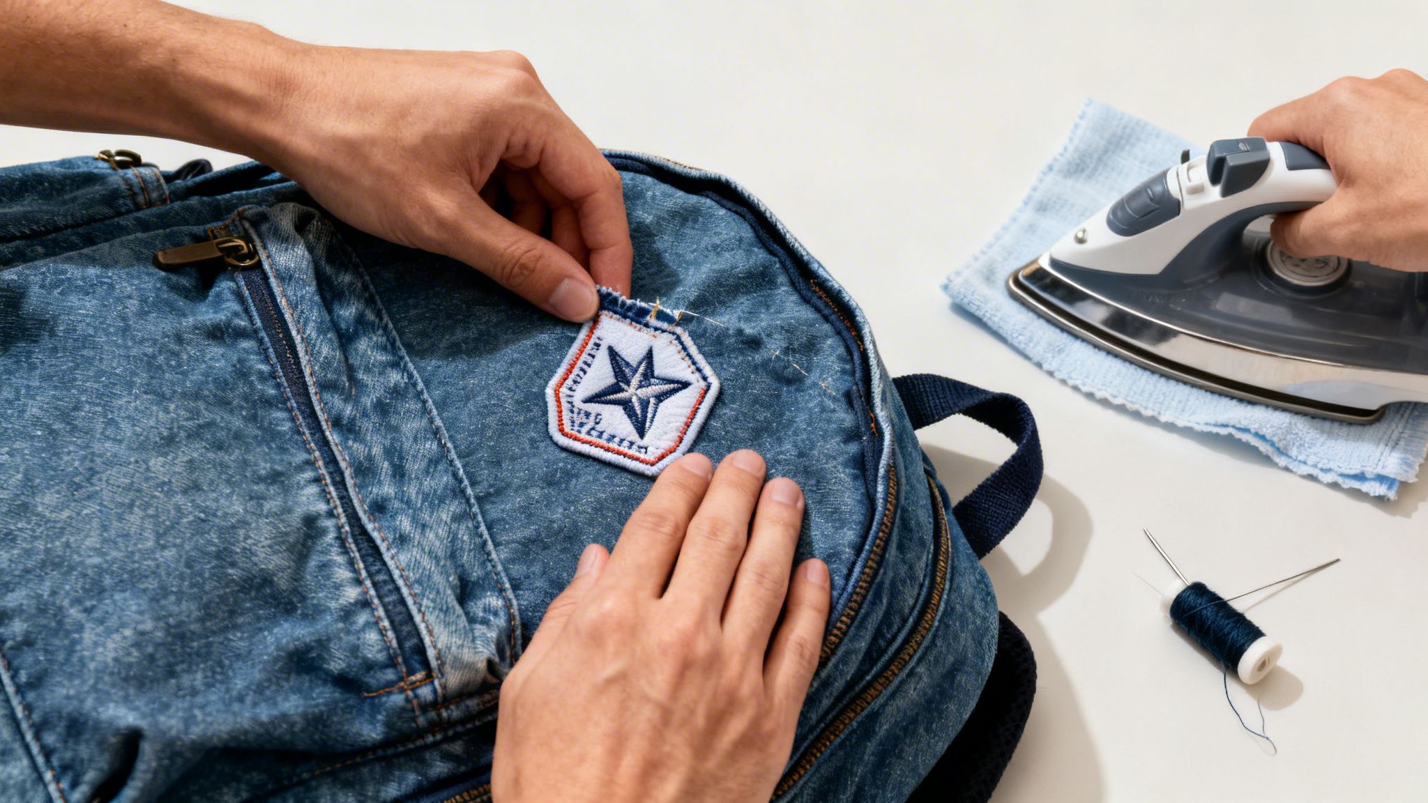 Close-up of hands applying an iron-on patch with a star design to a blue denim backpack, with an iron and thread nearby.