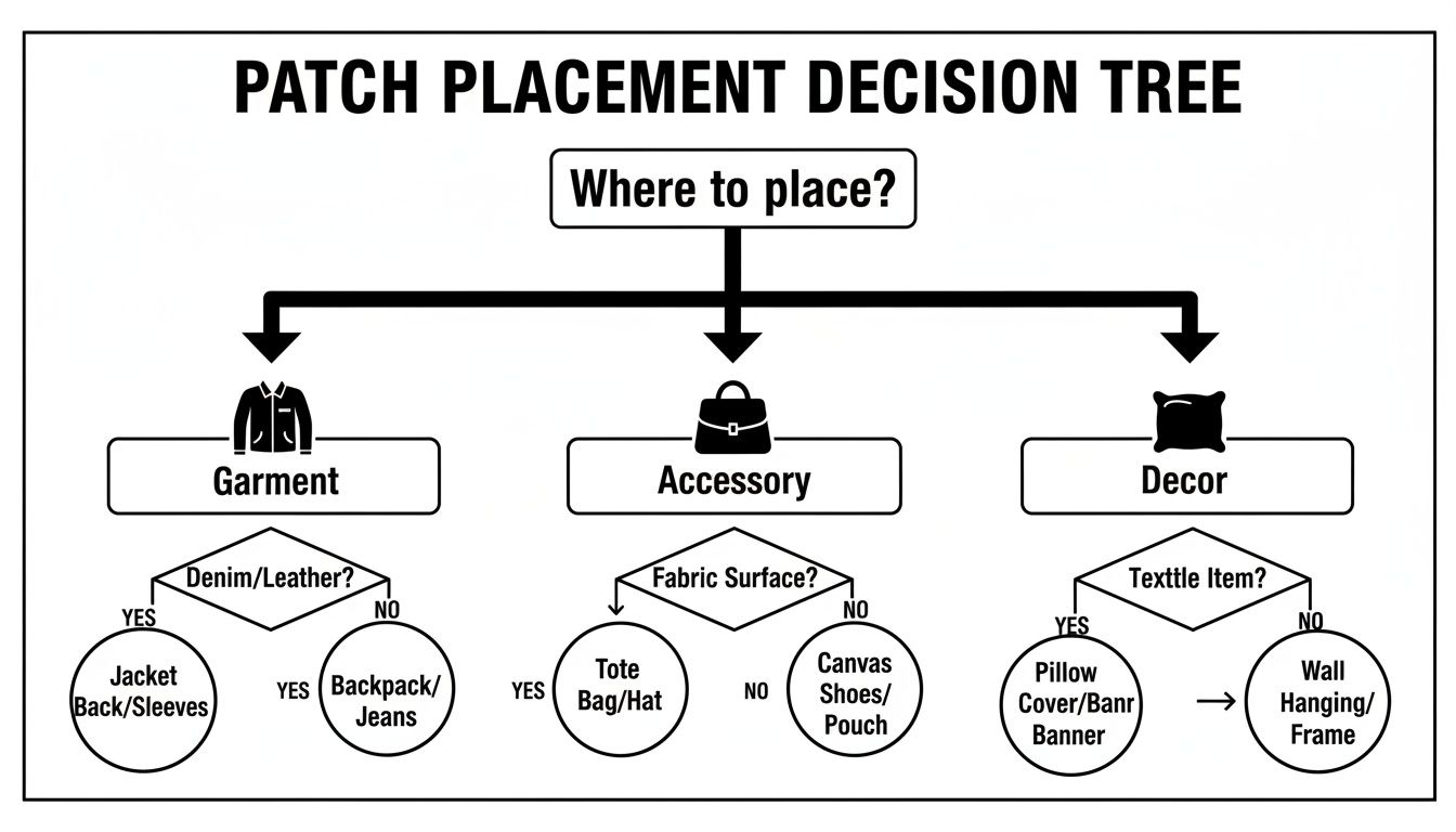 A decision tree flowchart guiding patch placement on garments, accessories, and decor items.