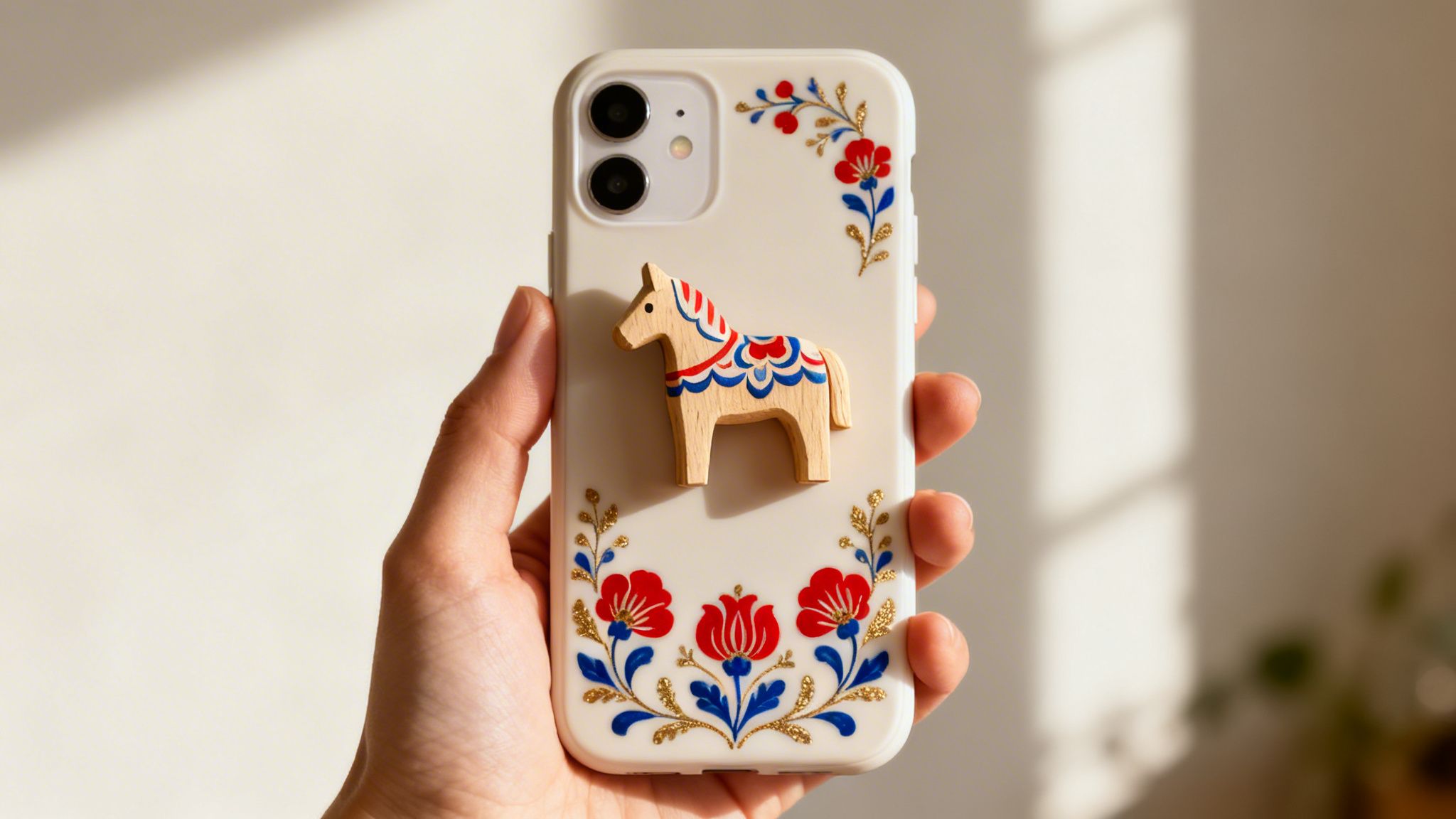 A hand holds a white iPhone with a custom case featuring a Dala horse and vibrant folk art floral patterns.