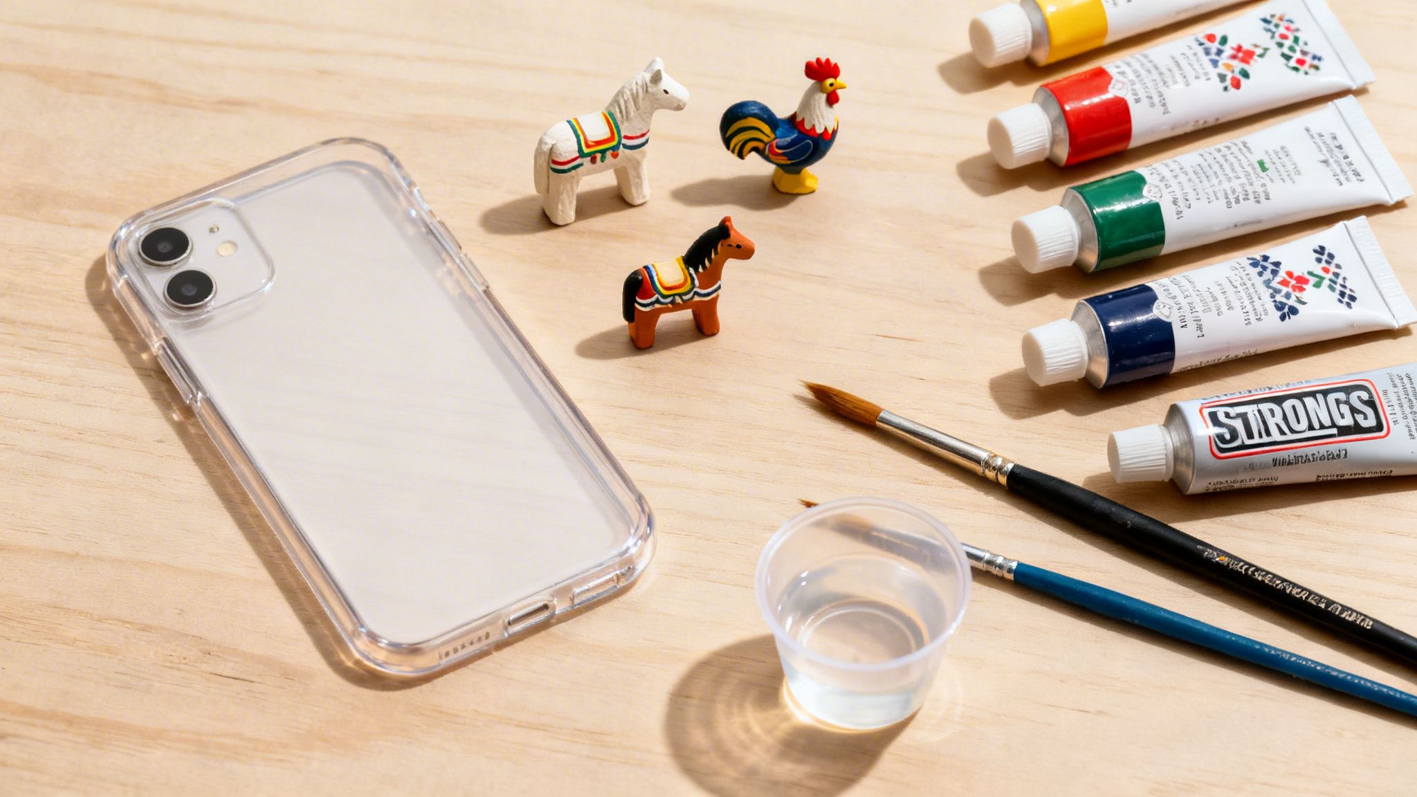 A clear iPhone case, small painted animal figurines, paint tubes, and brushes on wood.
