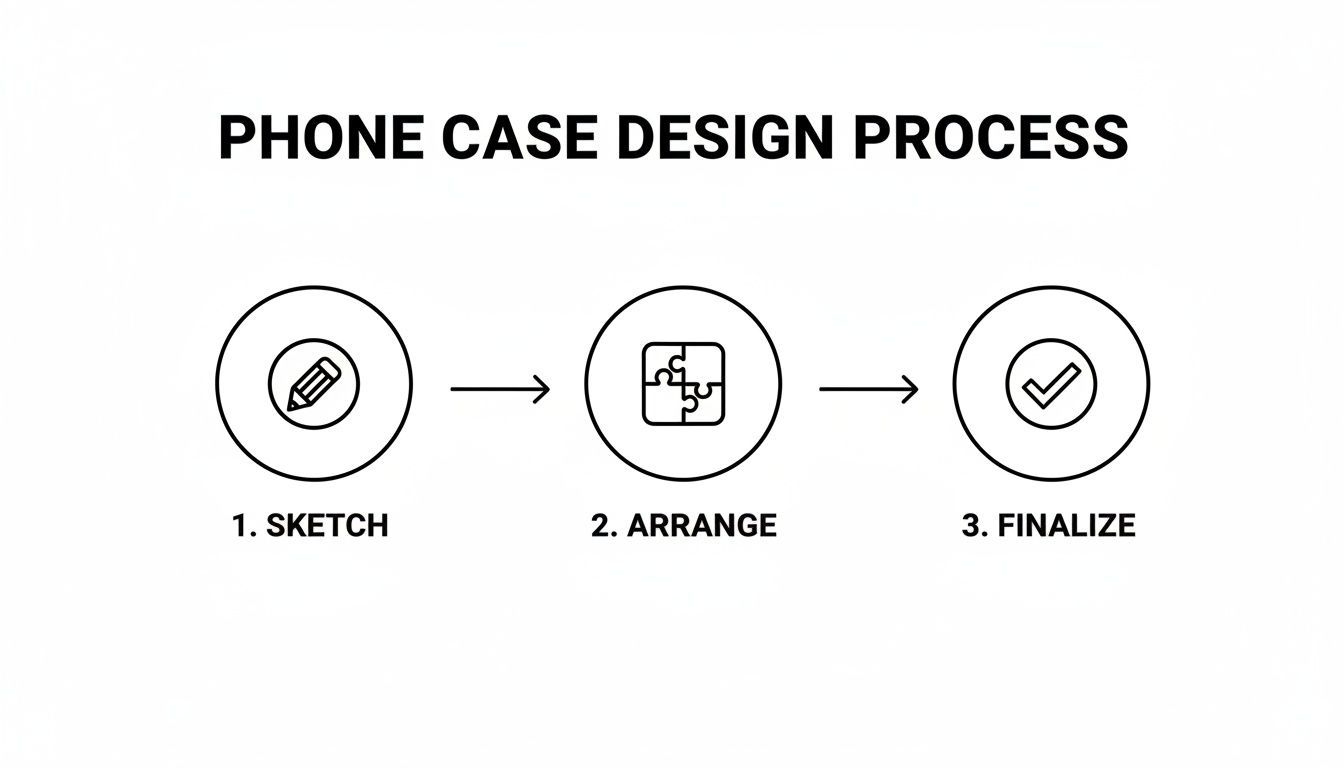 Diagram illustrating a three-step phone case design process: sketch, arrange, and finalize.