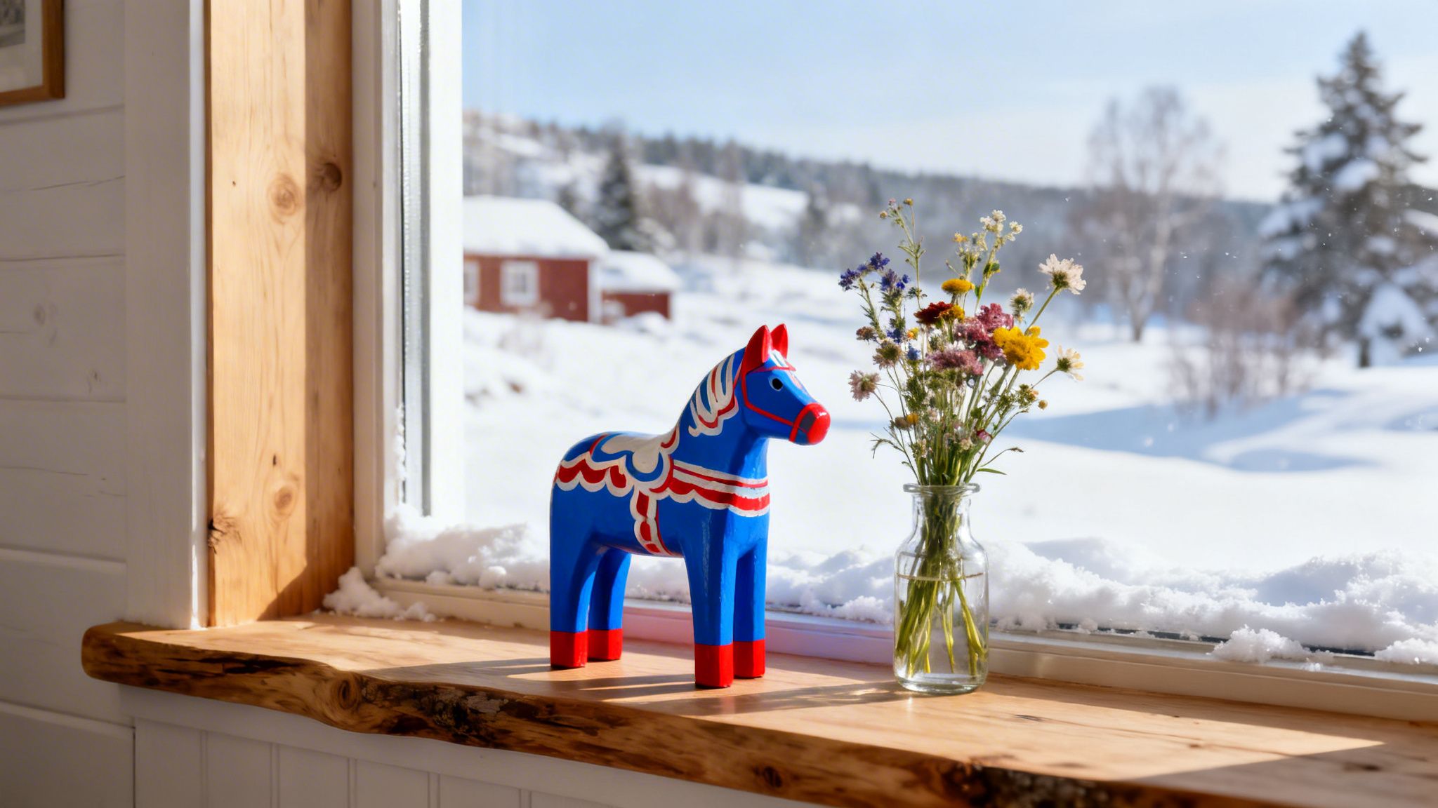 A blue Dala horse and a vase of wildflowers on a wooden windowsill overlooking a snowy winter landscape.