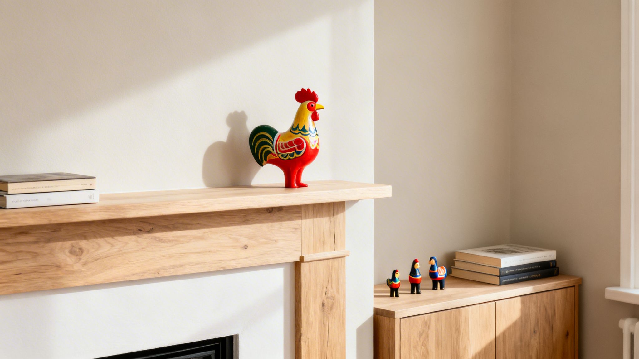 A colorful rooster figurine on a wooden mantelpiece with books, next to a cabinet with decorative figures.