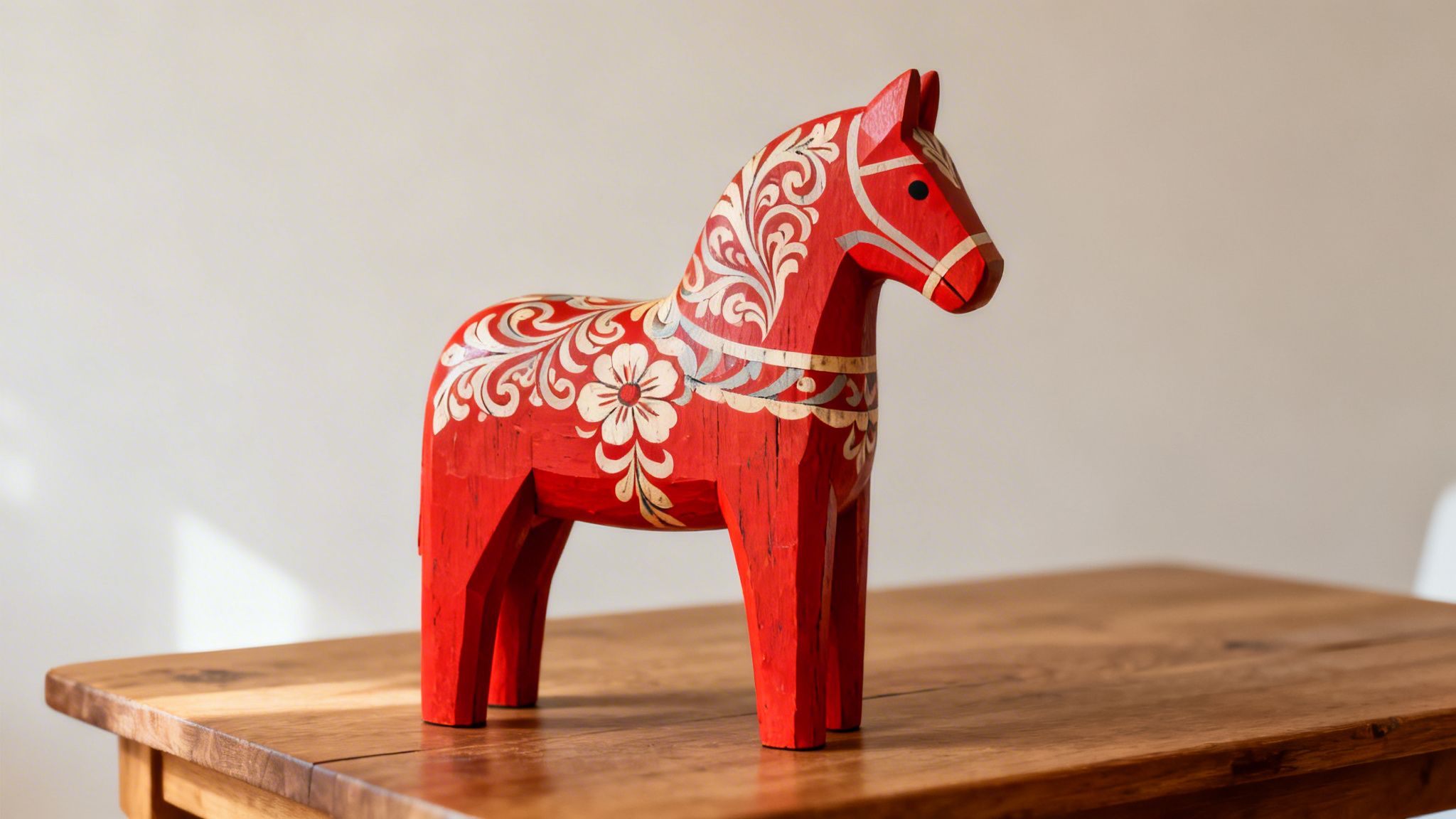 A traditional red Swedish Dala horse with white and silver patterns stands on a wooden table.