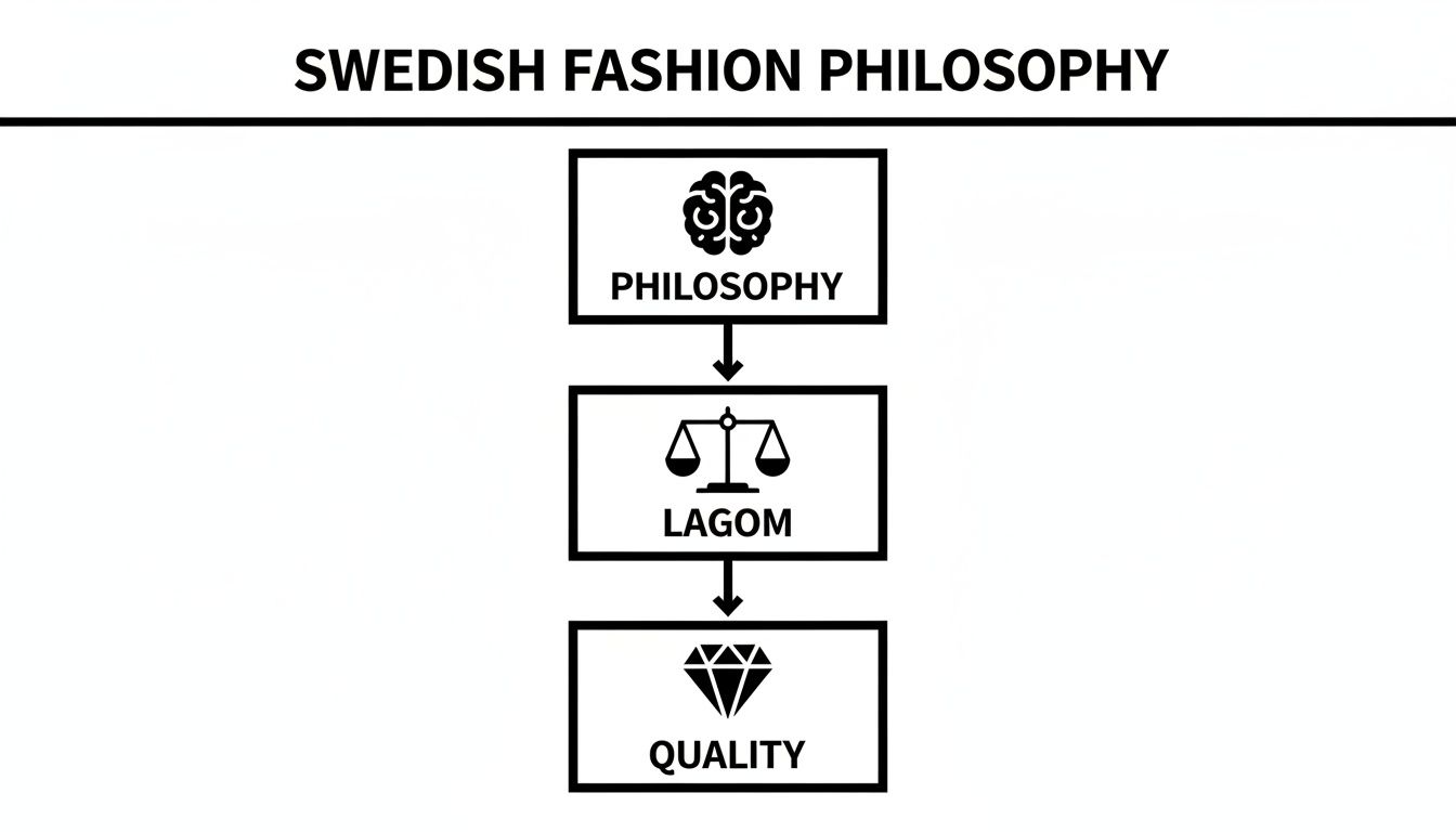 Flowchart illustrating Swedish fashion philosophy: Philosophy leads to Lagom, which leads to Quality.