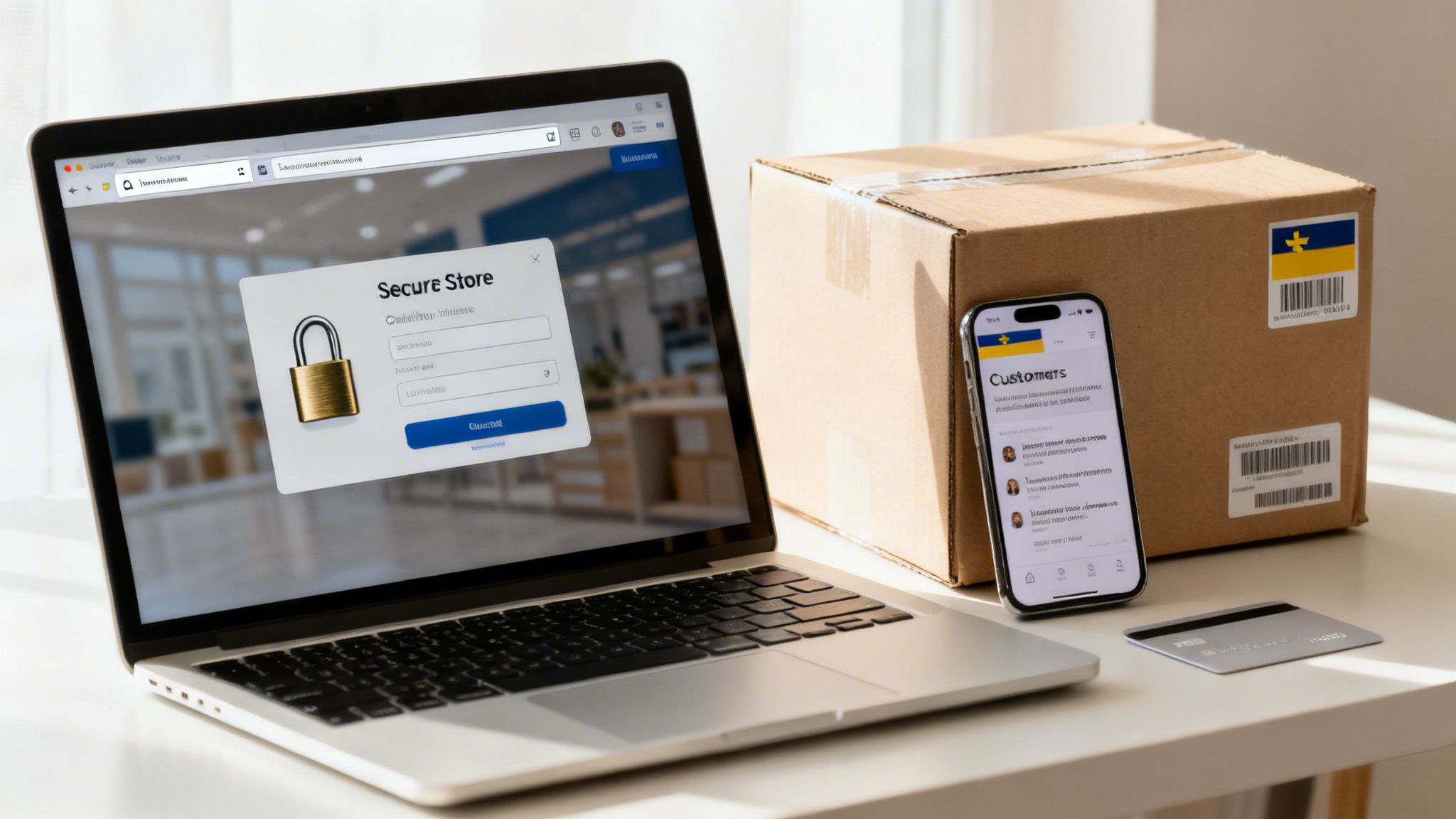 A laptop displaying a secure online store login, next to a smartphone, delivery package, and credit card.