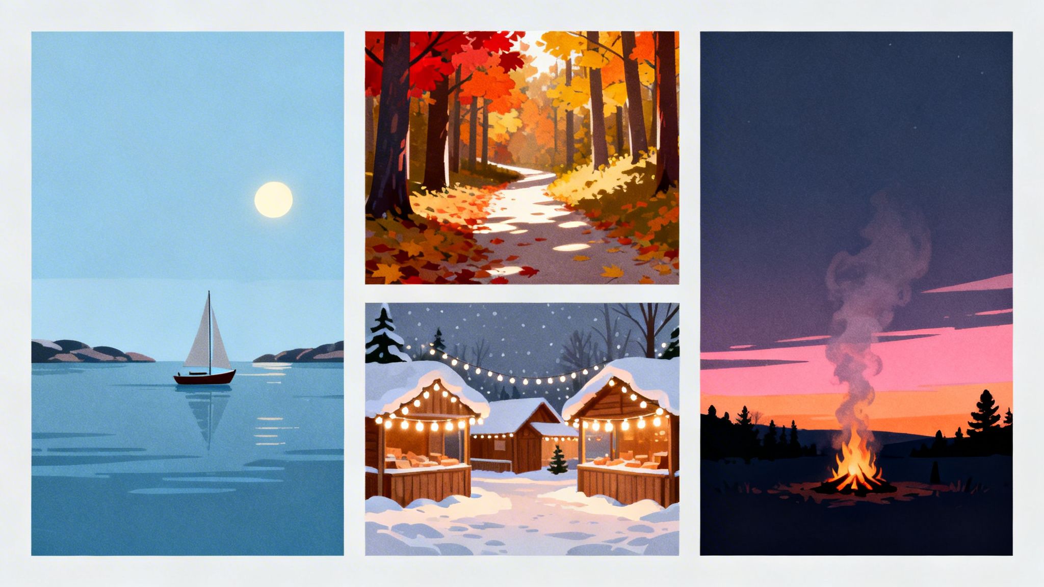 Four vibrant illustrations depicting different seasons: a sailboat, autumn path, winter market, and campfire.