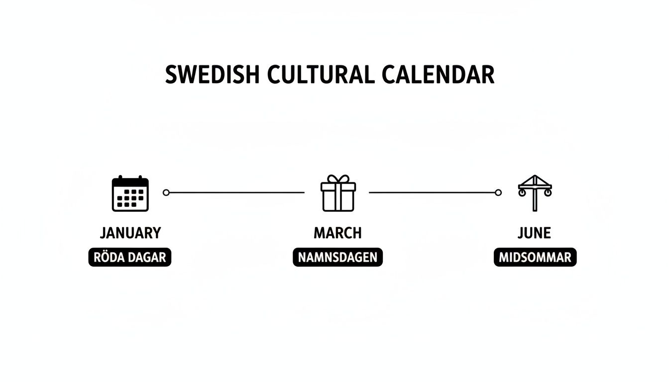 Timeline illustrating key Swedish cultural holidays: Röda Dagar in January, Namnsdagen in March, and Midsommar in June.