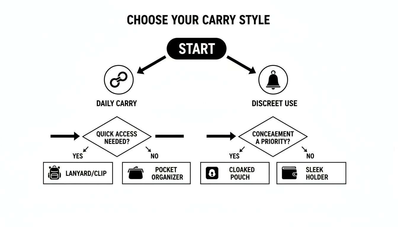 Flowchart guiding users to choose a carry style based on daily, discreet, quick access, or concealment needs.