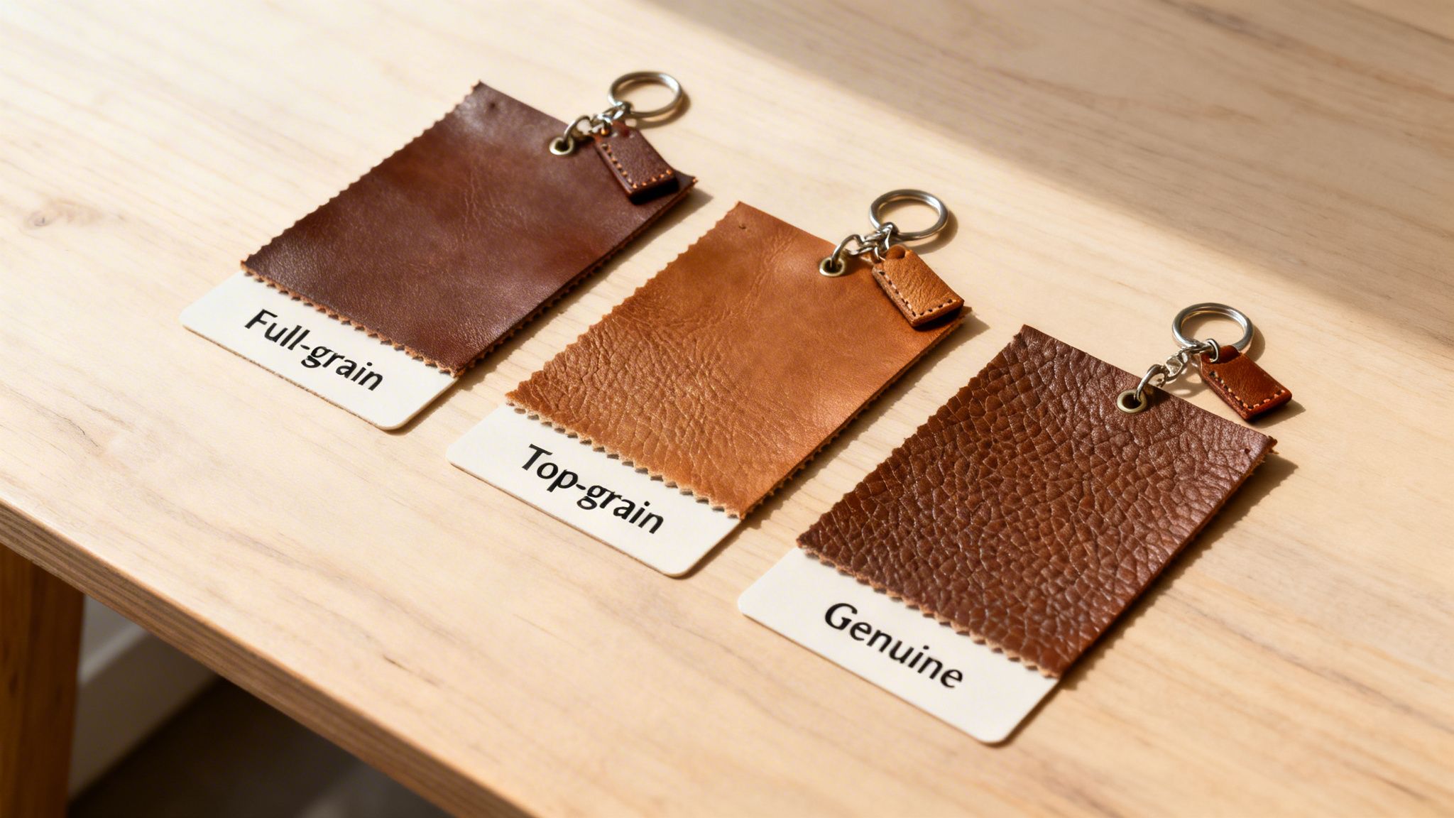 Three brown leather samples (full-grain, top-grain, genuine) with keychains, displayed on a wooden table.