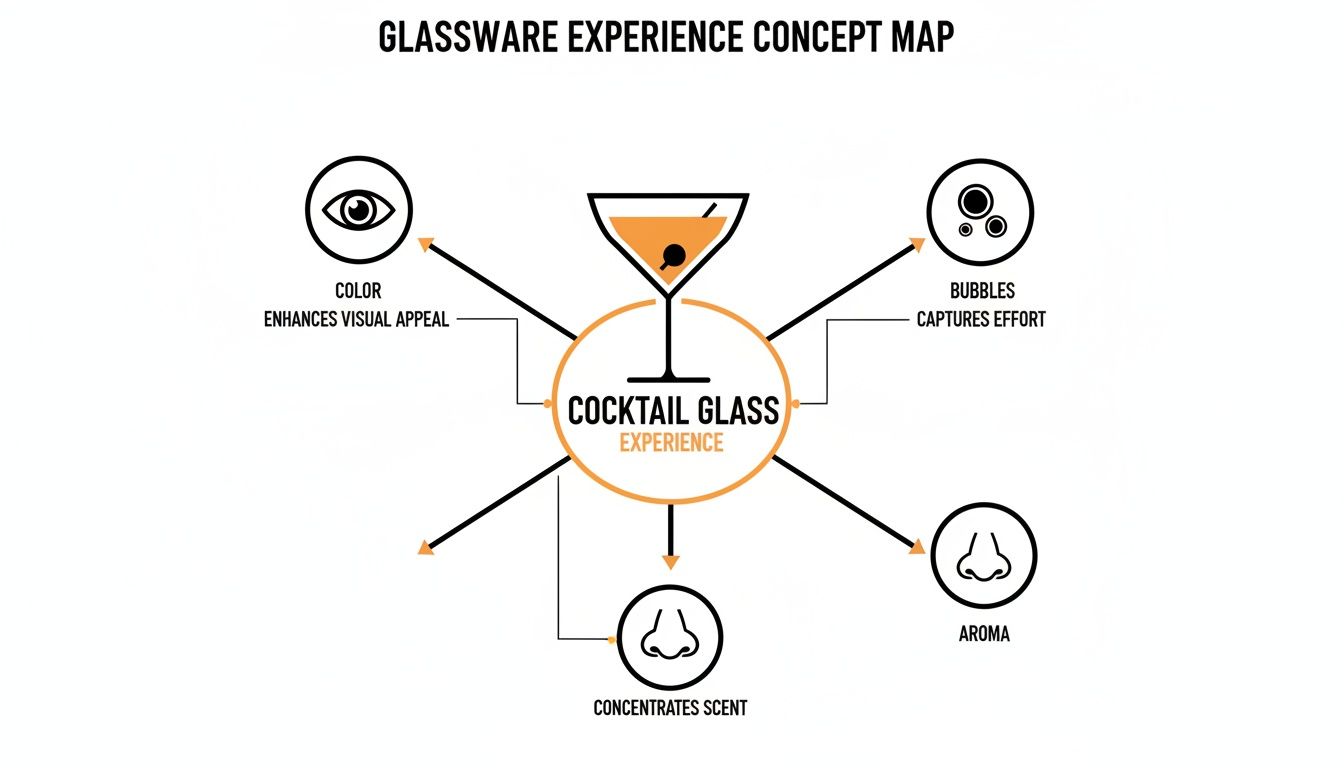 A concept map showing how a cocktail glass enhances the drinking experience through color, bubbles, and aroma.