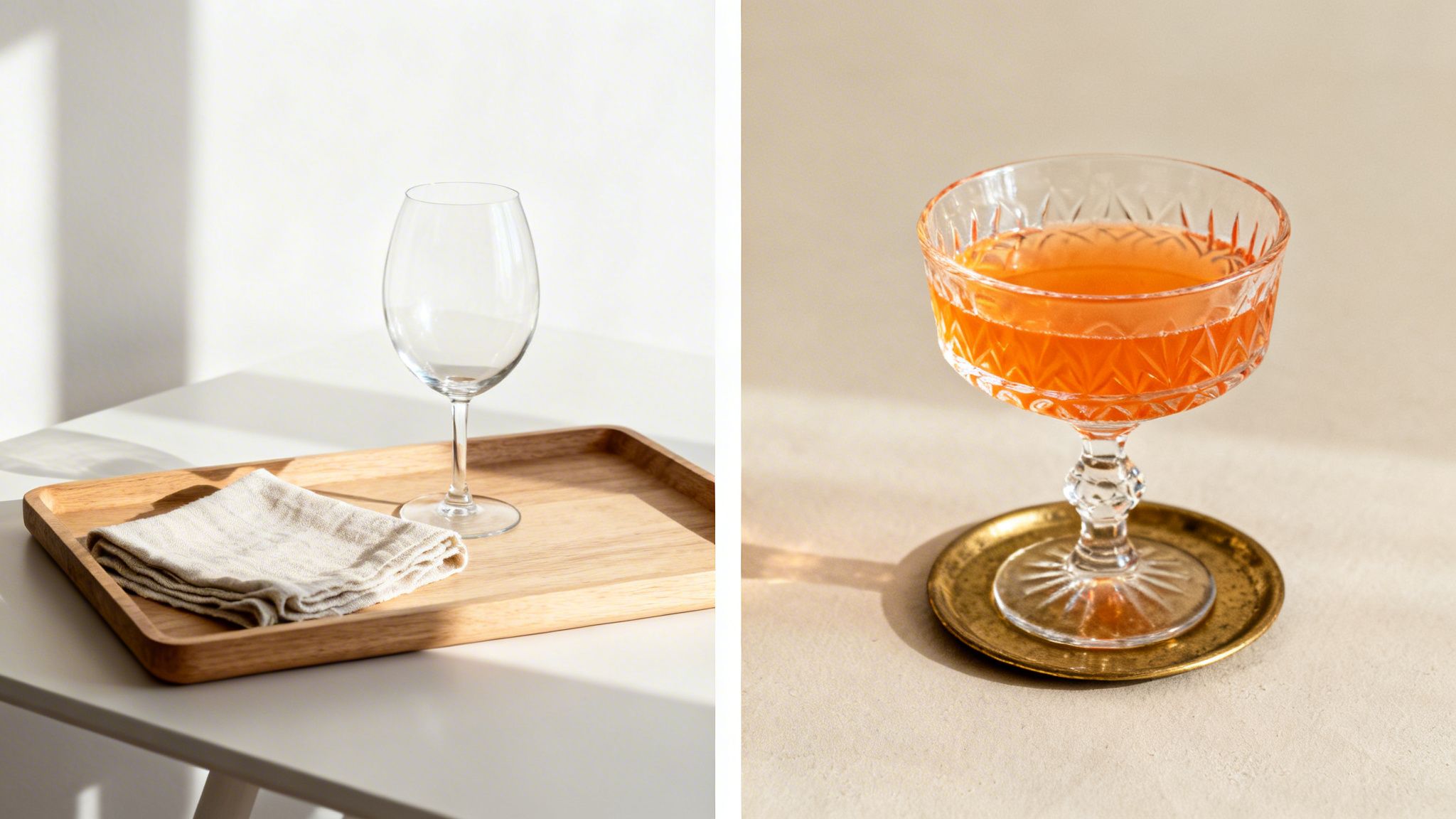Split image showing an empty wine glass on a wooden tray and an orange cocktail in a coupe glass.