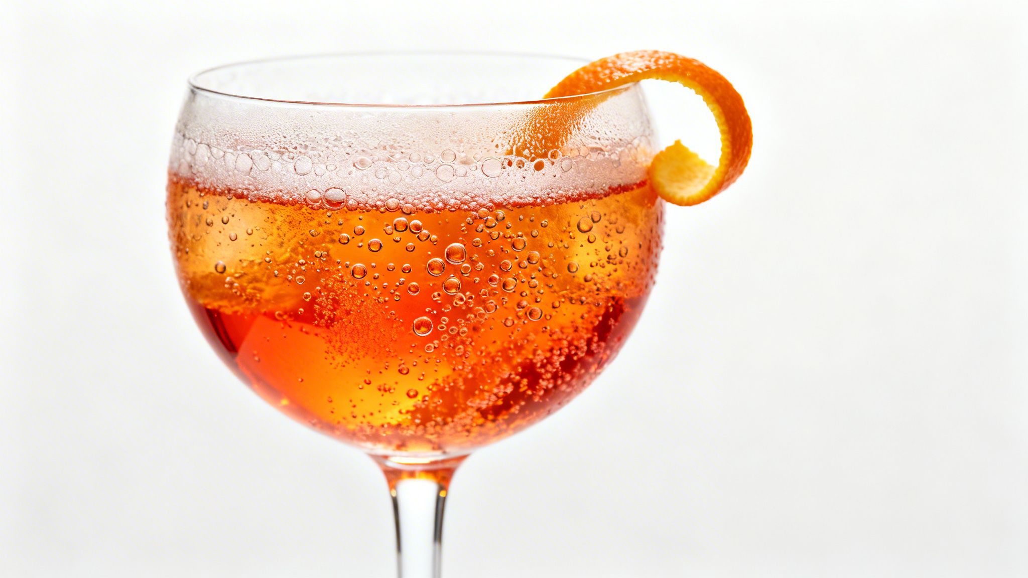A vibrant orange Aperol Spritz cocktail in a glass with ice, bubbles, and an orange peel garnish against a white background.