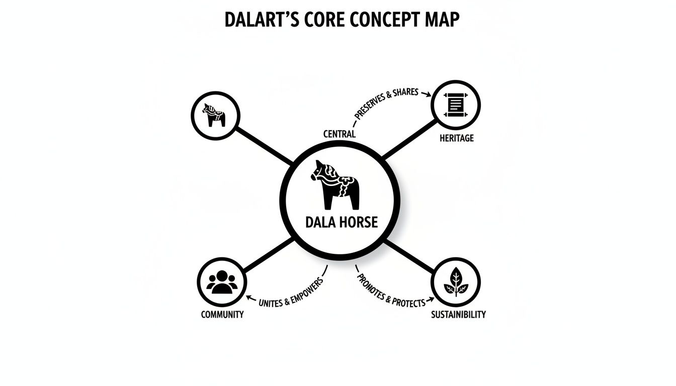 A concept map showing DALART's core values: Dala Horse central to heritage, community, and sustainability.