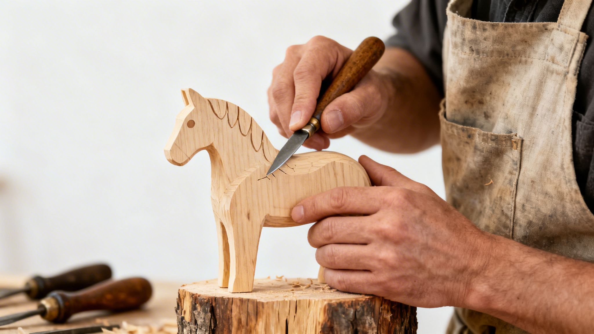 Close-up of hands carving details into a wooden horse figurine with a sharp knife on a wooden stump.