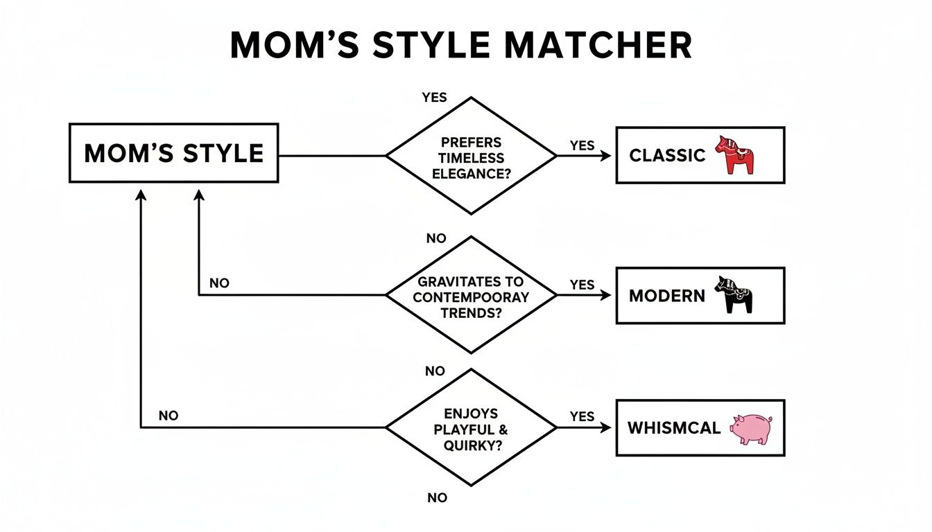 A flowchart titled "Mom's Style Matcher" determining classic, modern, or whimsical style preferences.